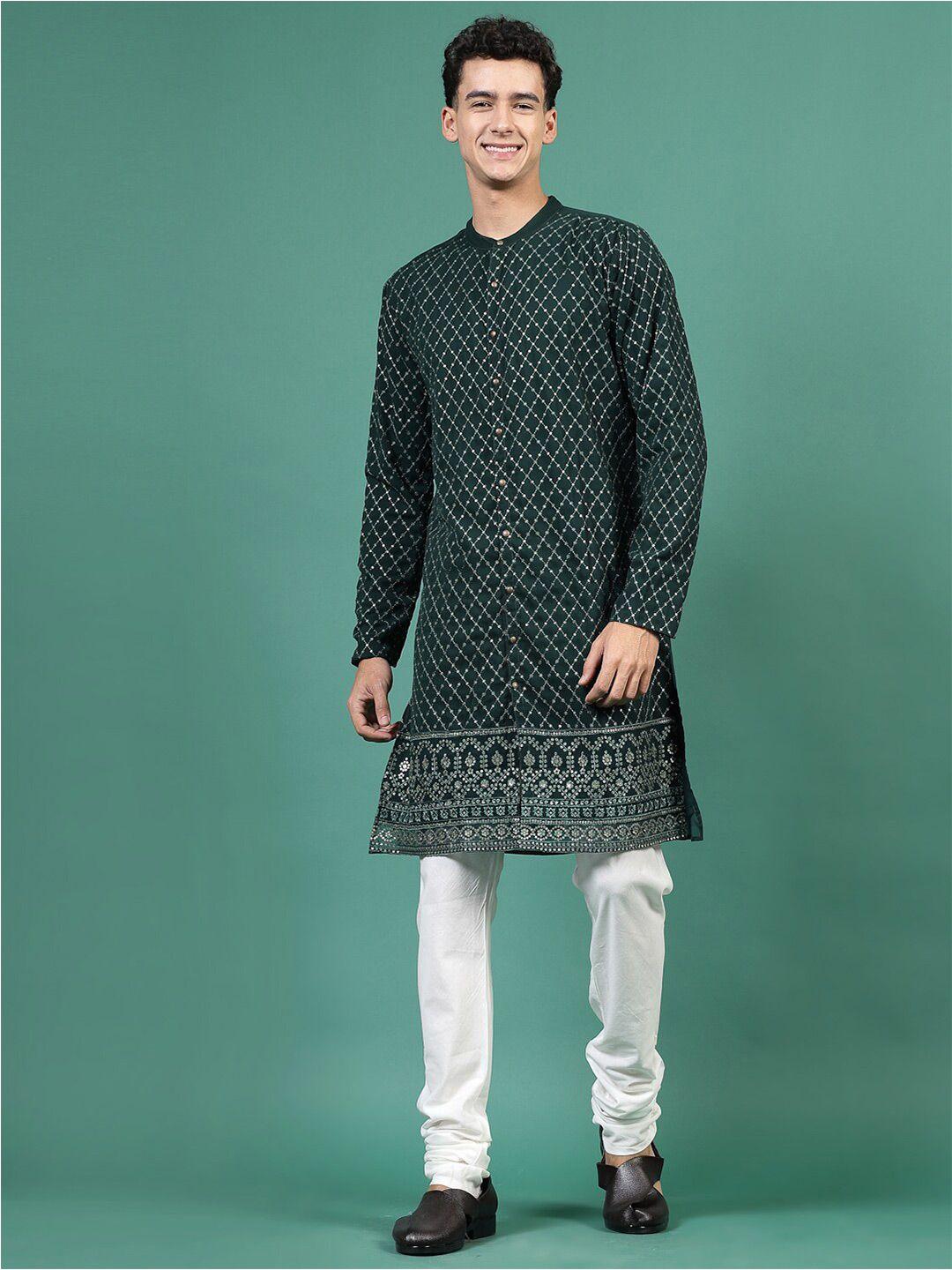 sangria men geometric embroidered sequinned mandarin collar georgette kurta