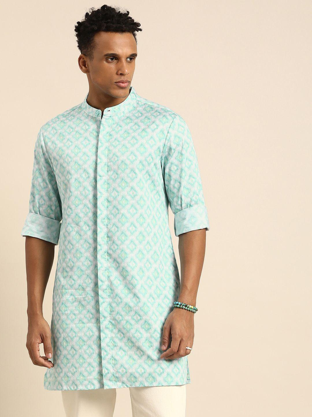 sangria men printed cotton kurta with concealed button placket