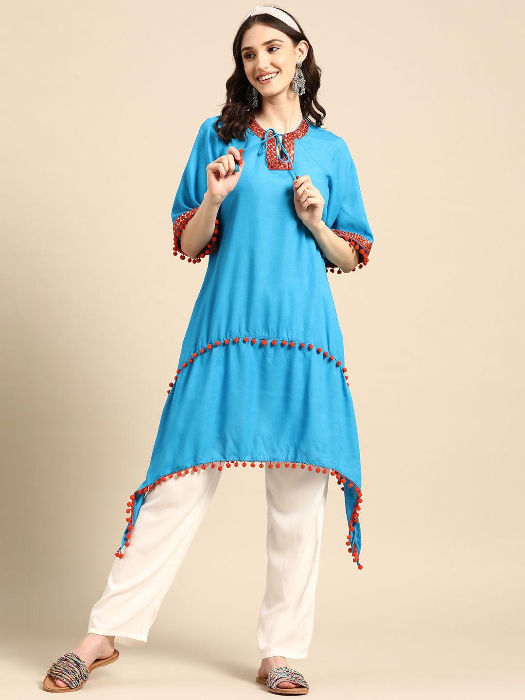 sangria mirror work & pom-pom detailed dipped hem a-line kurta