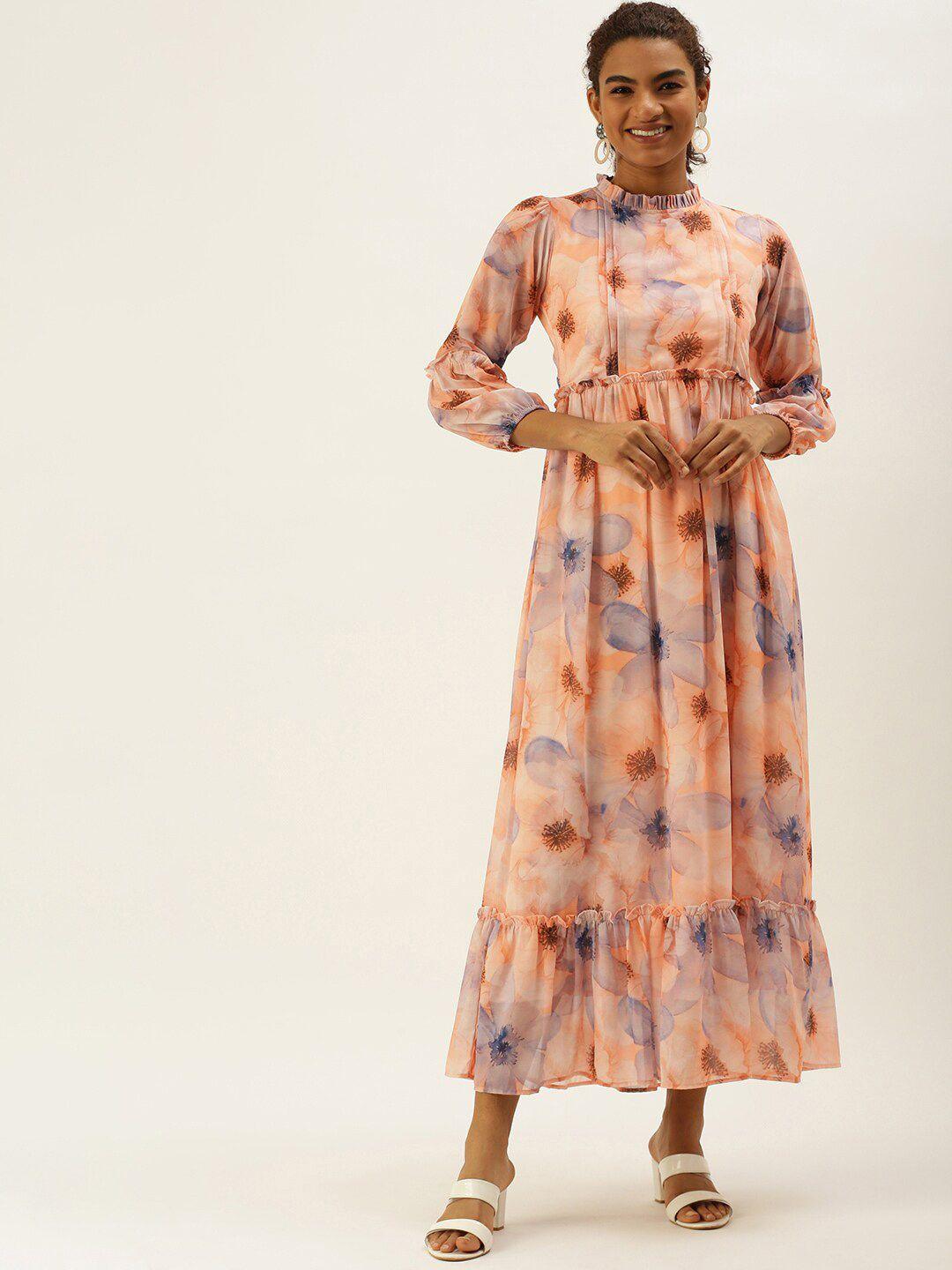 sangria mock neck frill floral printed fit & flared midi dress