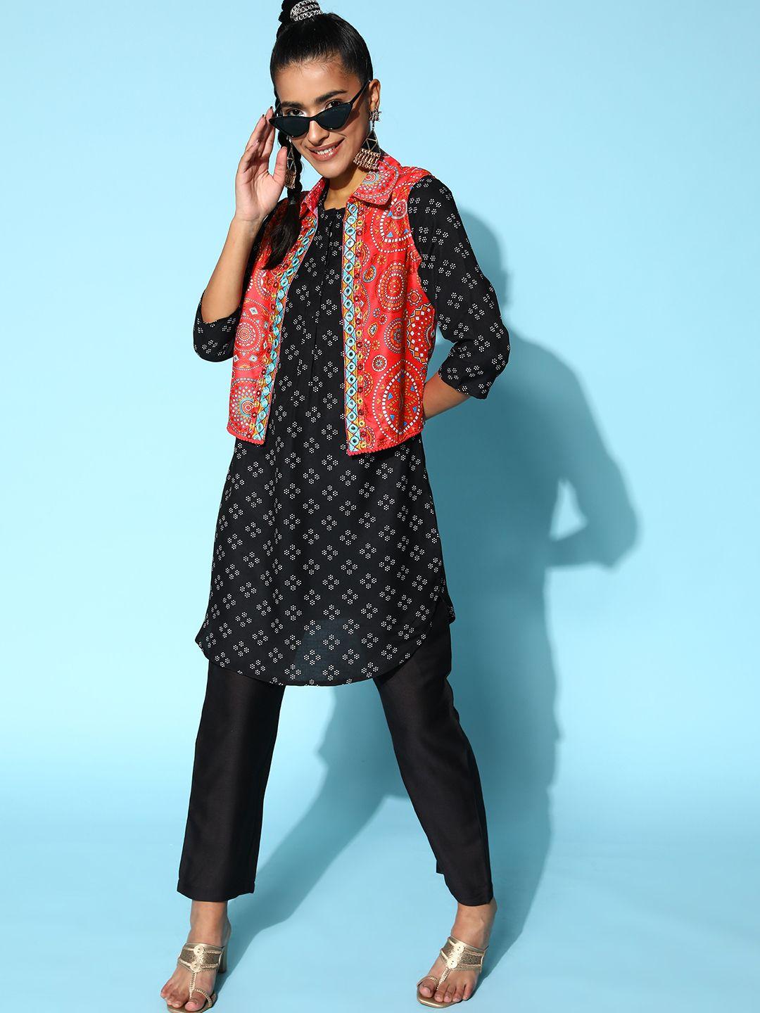 sangria monochromatic printed kurta set with embroidered ethnic jacket