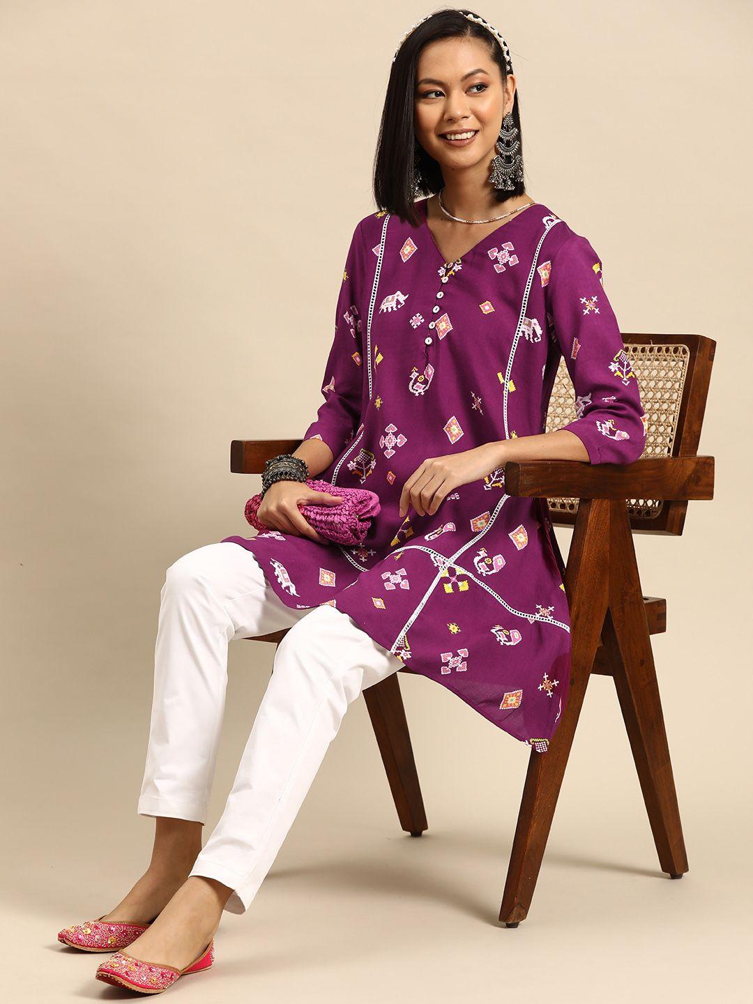 sangria motifs printed button detail pure cotton a-line kurti