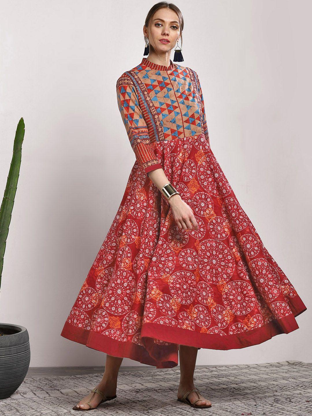 sangria multicoloured ethnic motifs printed cotton a-line dress