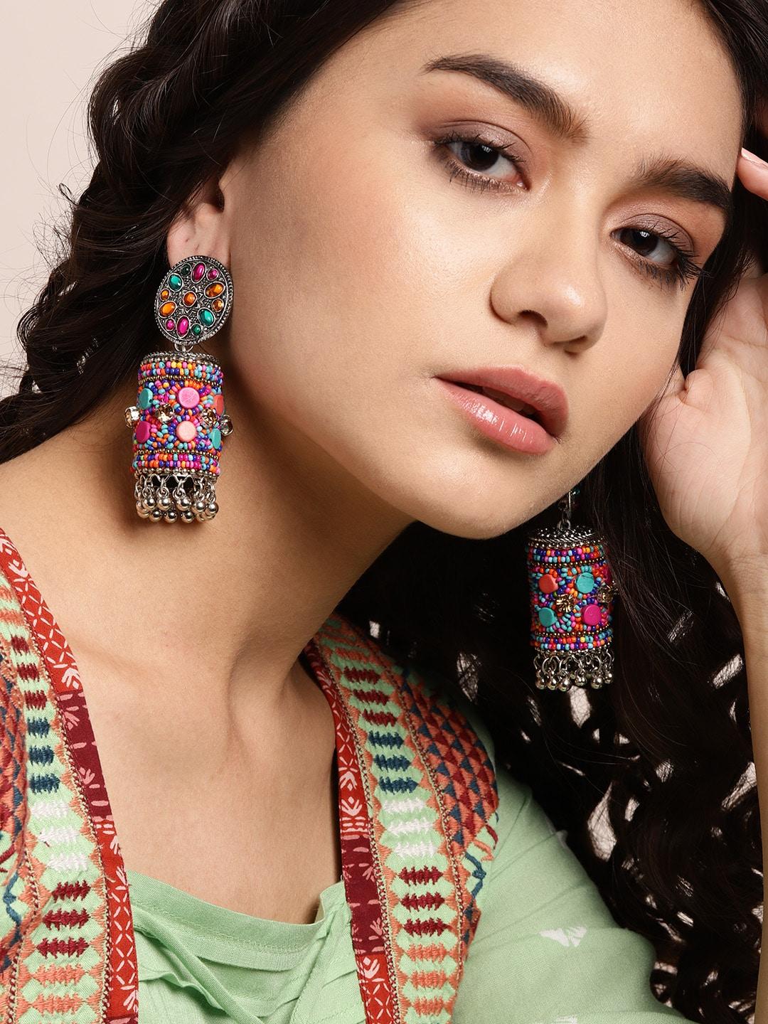 sangria multicoloured silver-plated stone studded & beaded dome shaped jhumkas