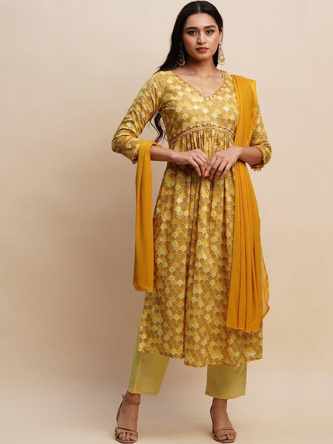 sangria mustard & cream printed empire pure cotton a-line kurta with trouser & dupatta