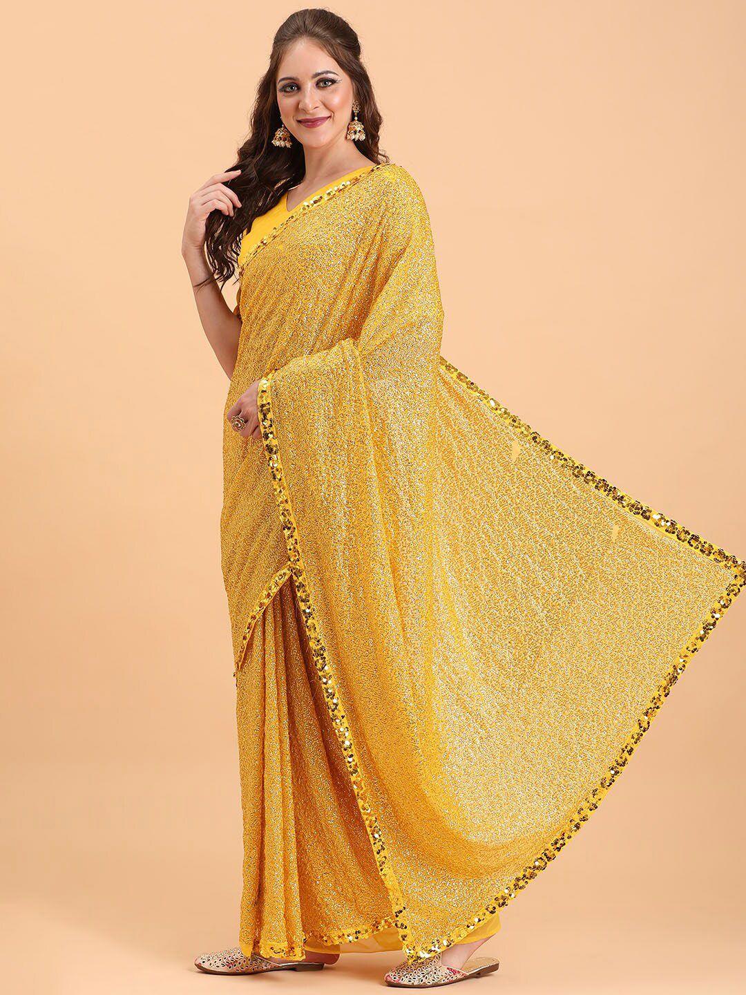 sangria mustard & gold-toned embellished sequinned pure georgette saree