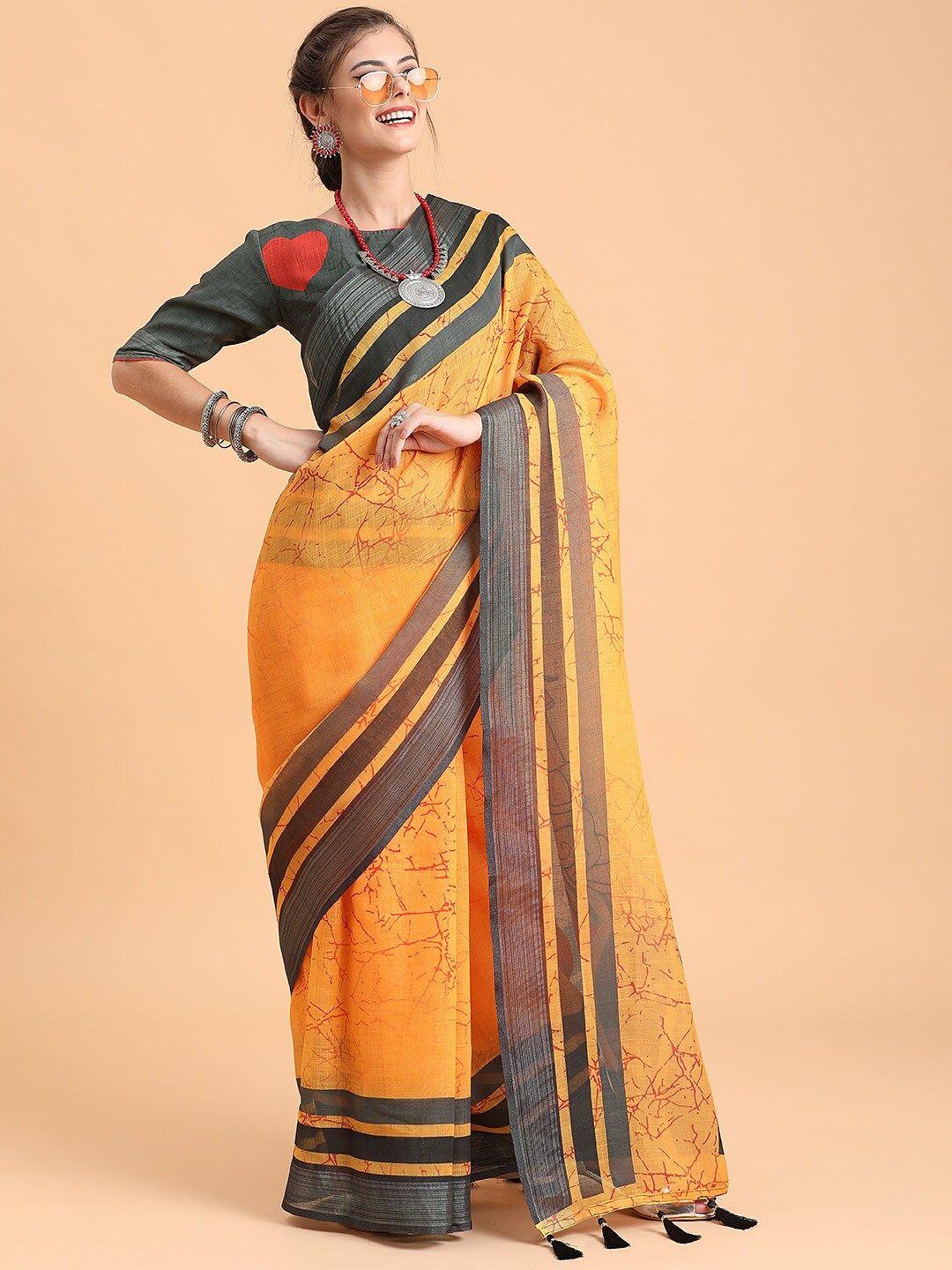 sangria mustard & grey ethnic motifs pure linen saree