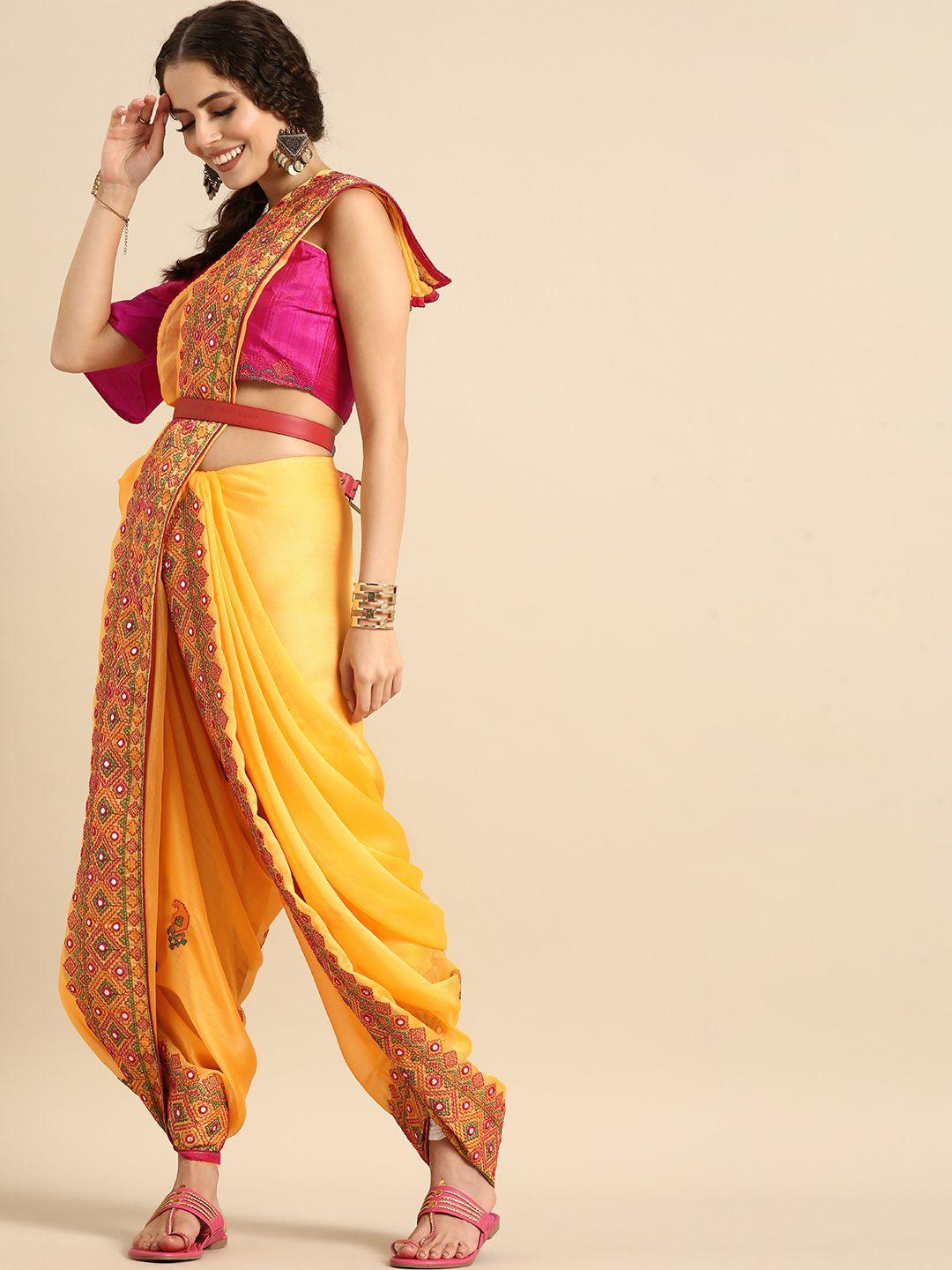 sangria mustard & orange pure chiffon  kashmiri embroidered bandhani saree