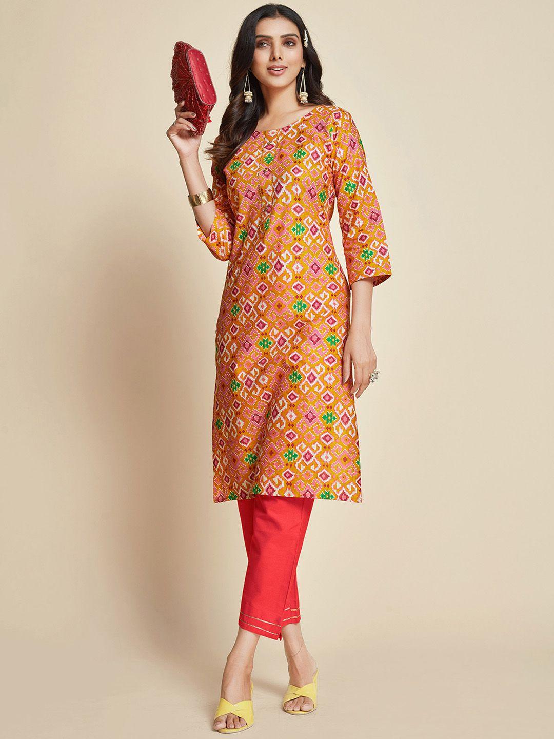 sangria mustard & white patola printed pure cotton kurta