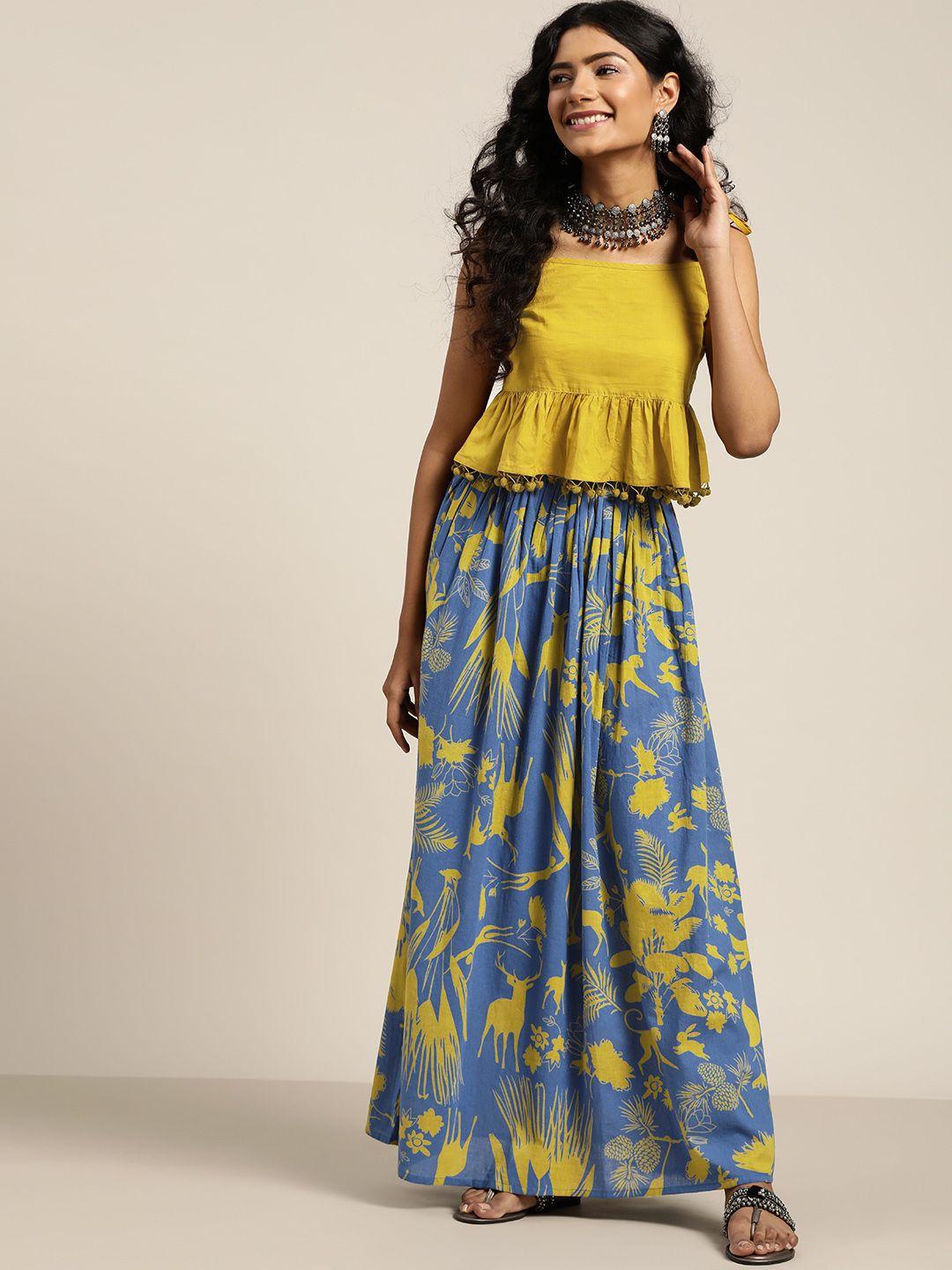 sangria mustard yellow & blue ready to wear fusion lehenga with top