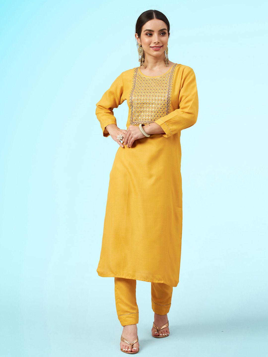 sangria mustard yellow & brown embroidered sequinned straight kurta & trousers