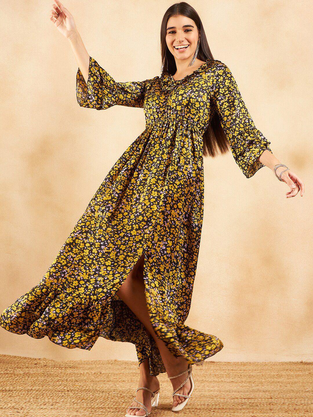 sangria mustard yellow & floral print bell sleeve ruffled maxi dress