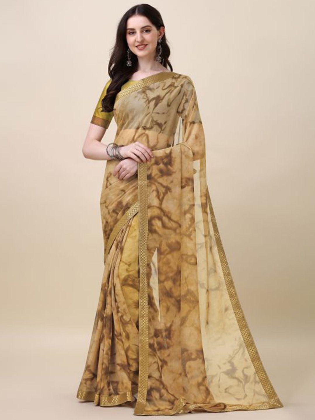 sangria mustard yellow & gold-toned printed pure chiffon saree