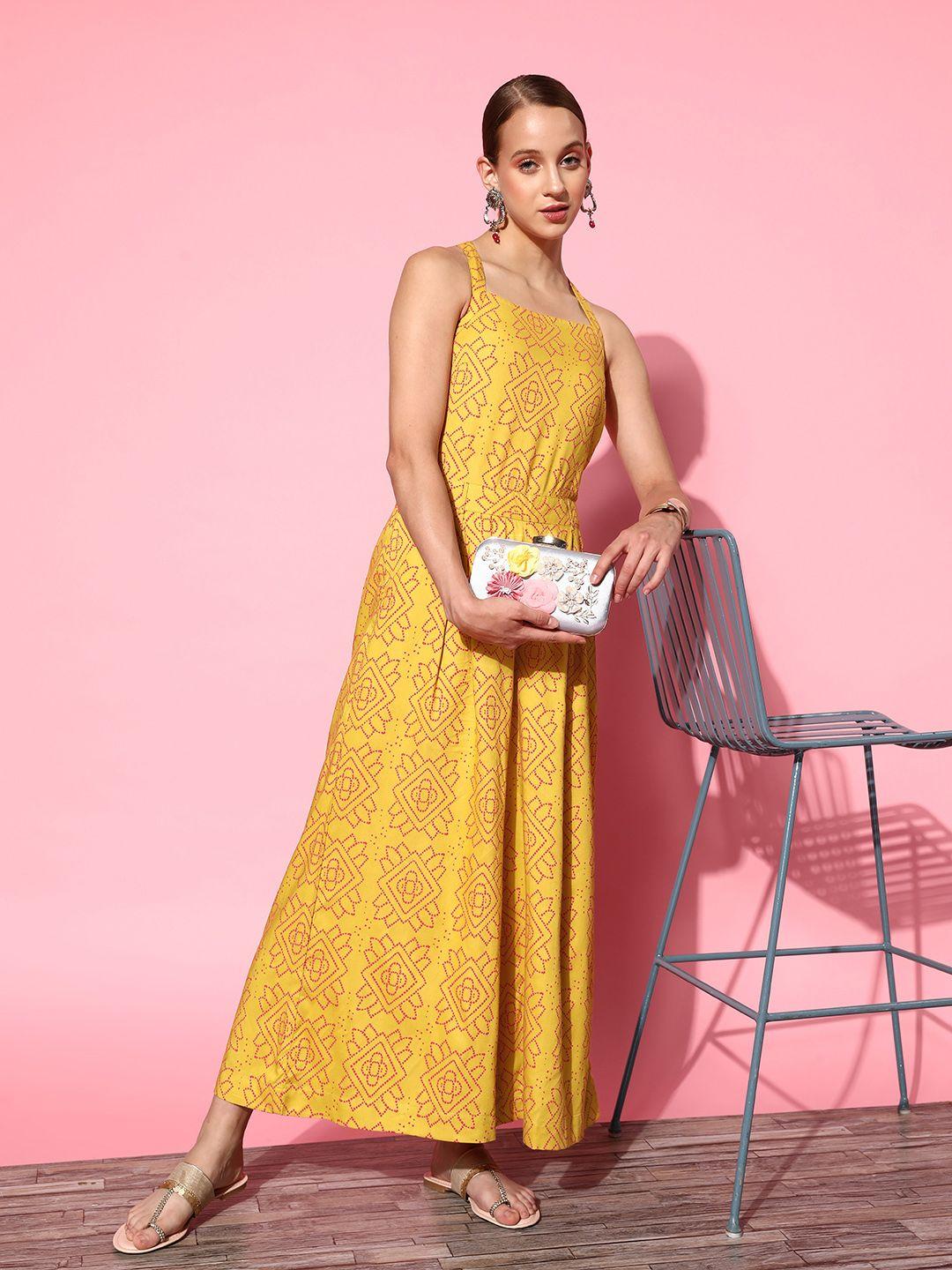 sangria mustard yellow & golden printed pleated flared jumpsuit
