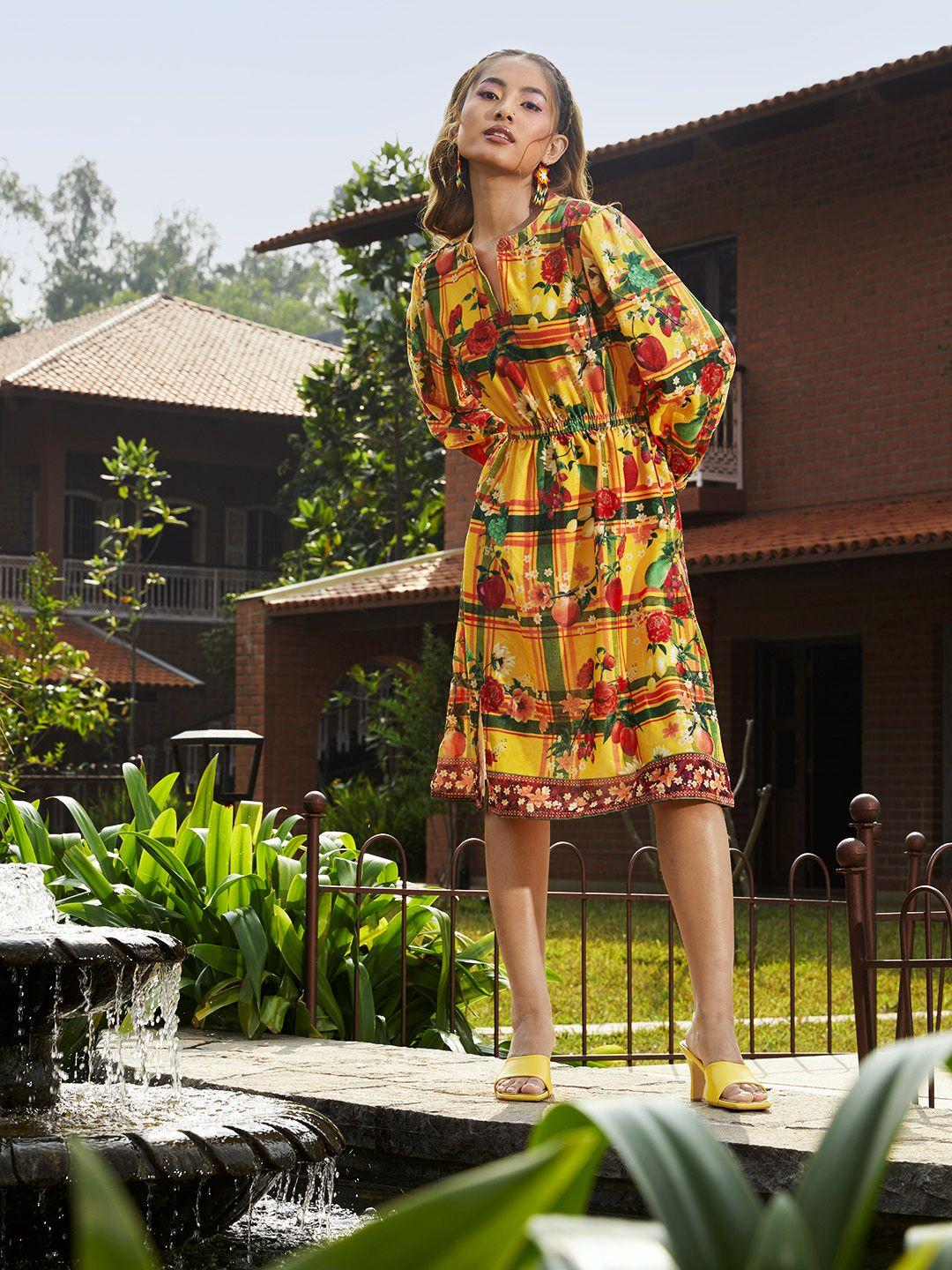 sangria mustard yellow & green floral a-line dress