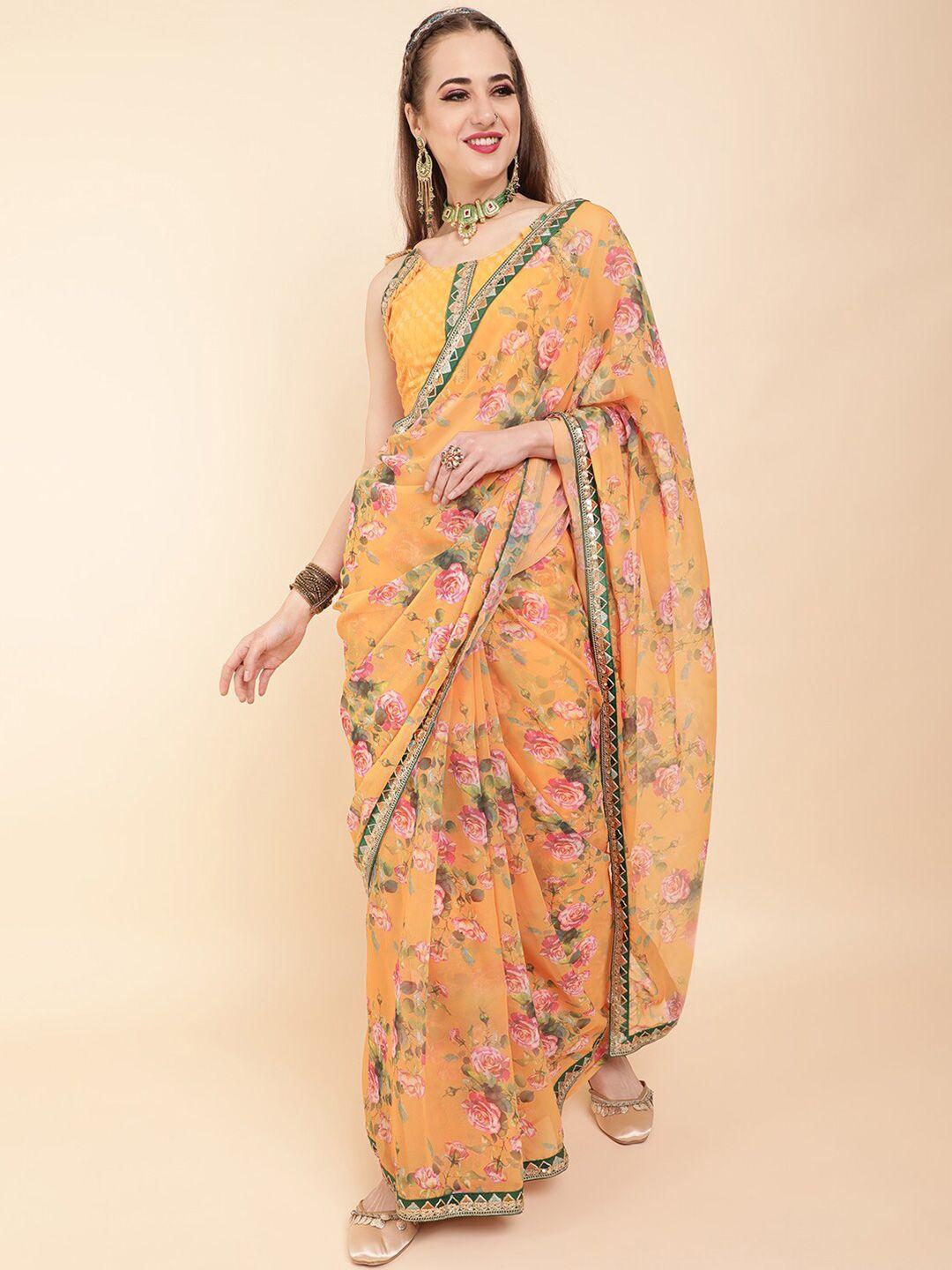 sangria mustard yellow & green floral sequinned pure georgette saree