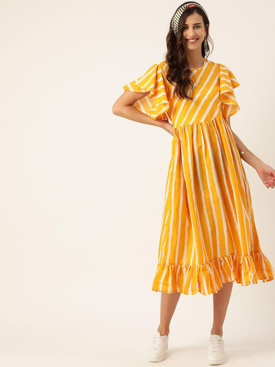 sangria mustard yellow & white striped pure cotton ethnic a-line midi dress