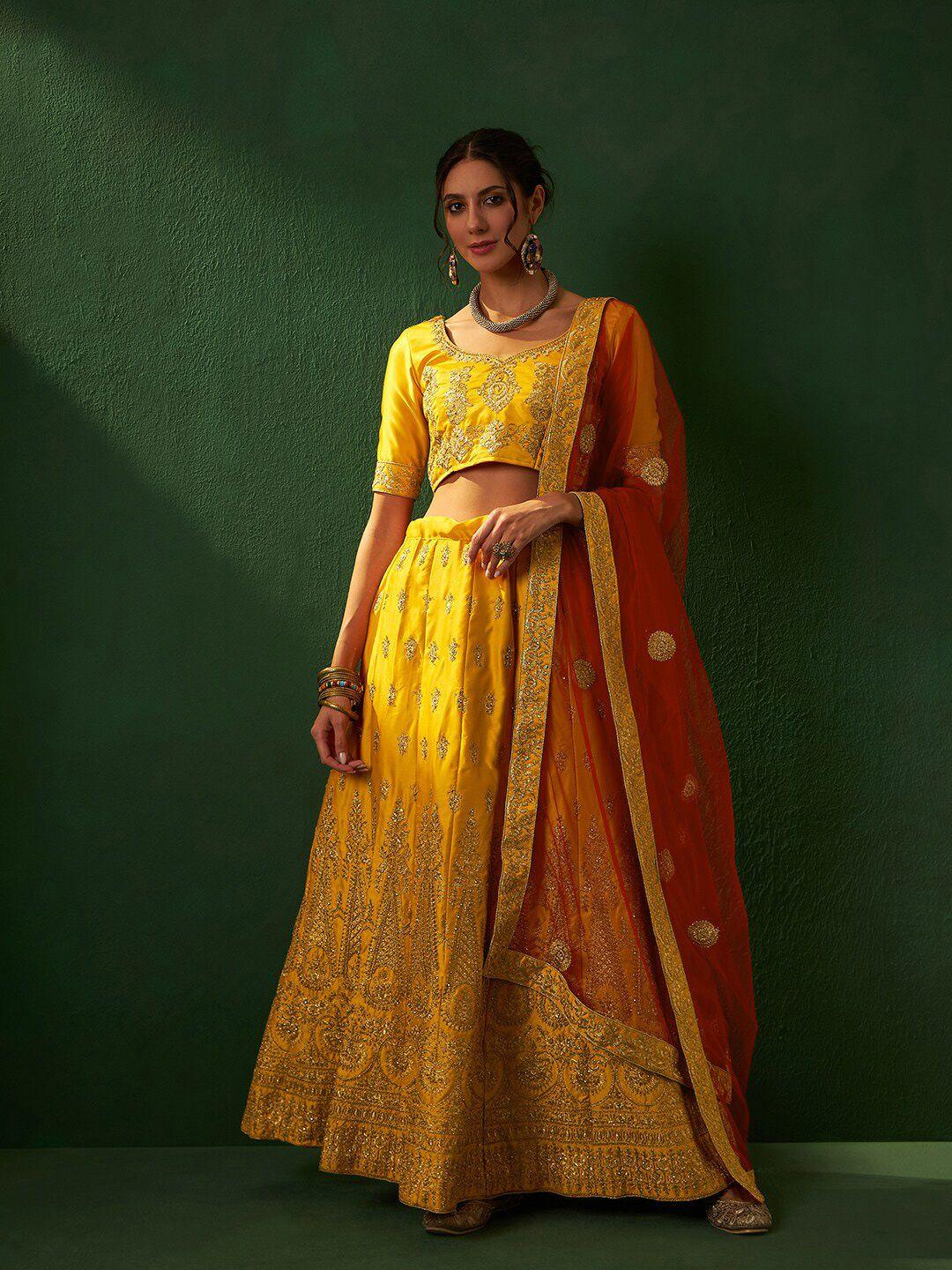 sangria mustard yellow embroidered silk semi-stitched lehenga choli