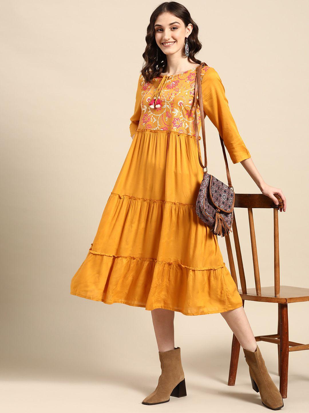 sangria mustard yellow ethnic motifs printed tiered a-line midi dress