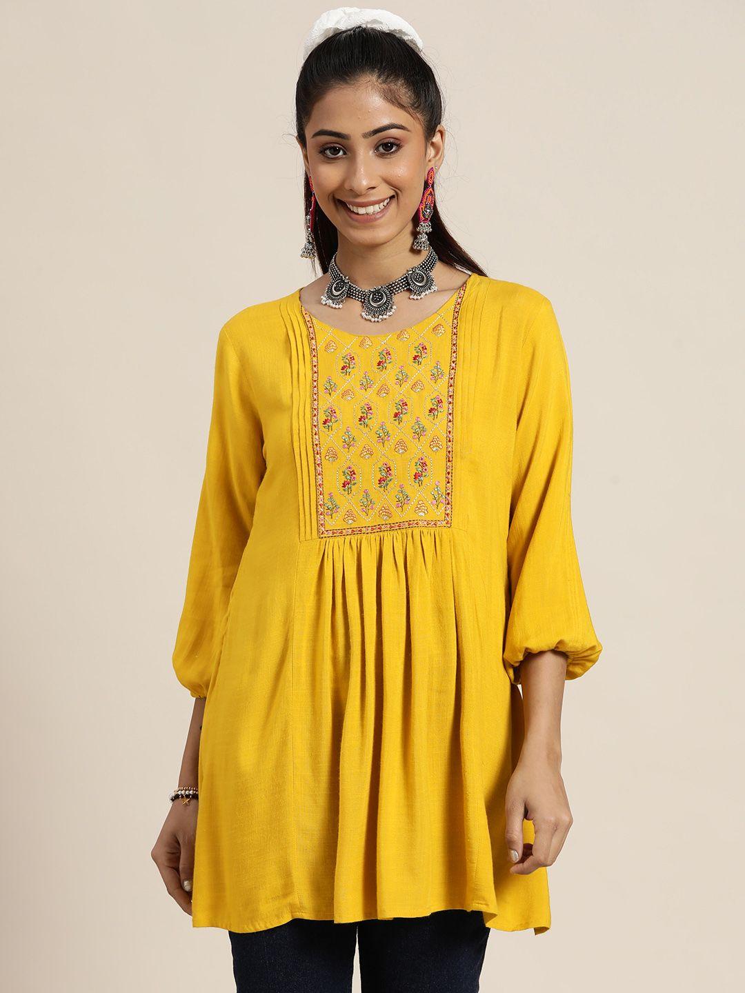 sangria mustard yellow floral embroidered longline top