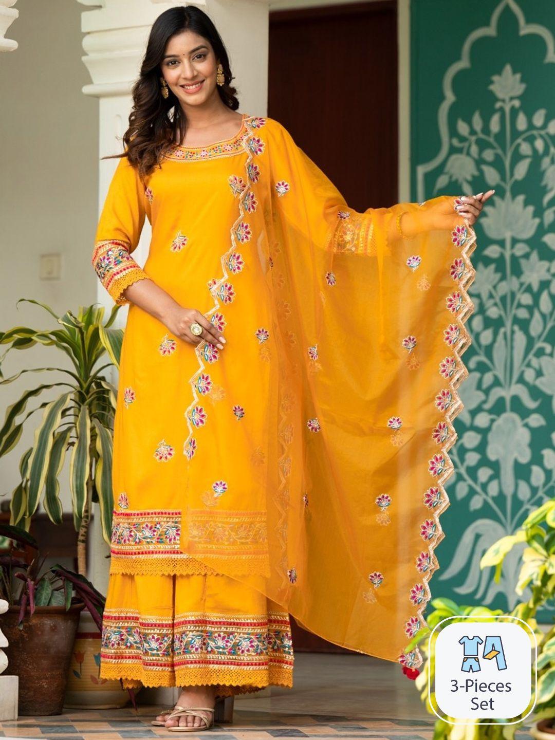 sangria mustard yellow floral embroidered straight sequinned kurta with palazzo & dupatta