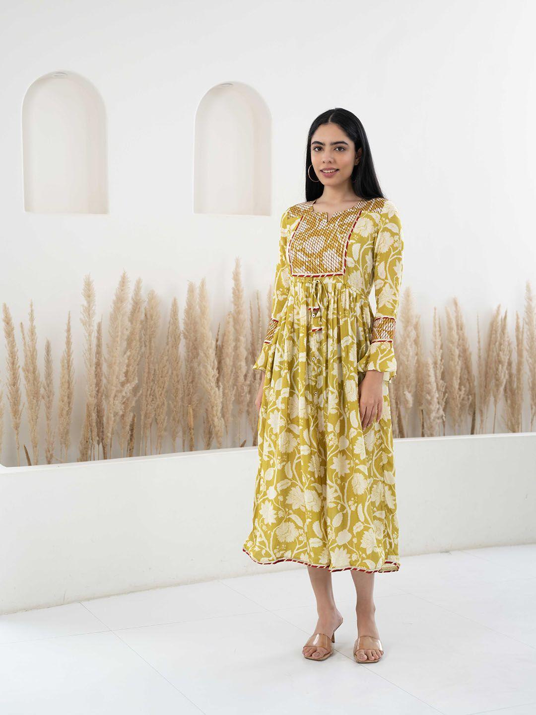 sangria mustard yellow floral printed pleated a-line midi ethnic dress