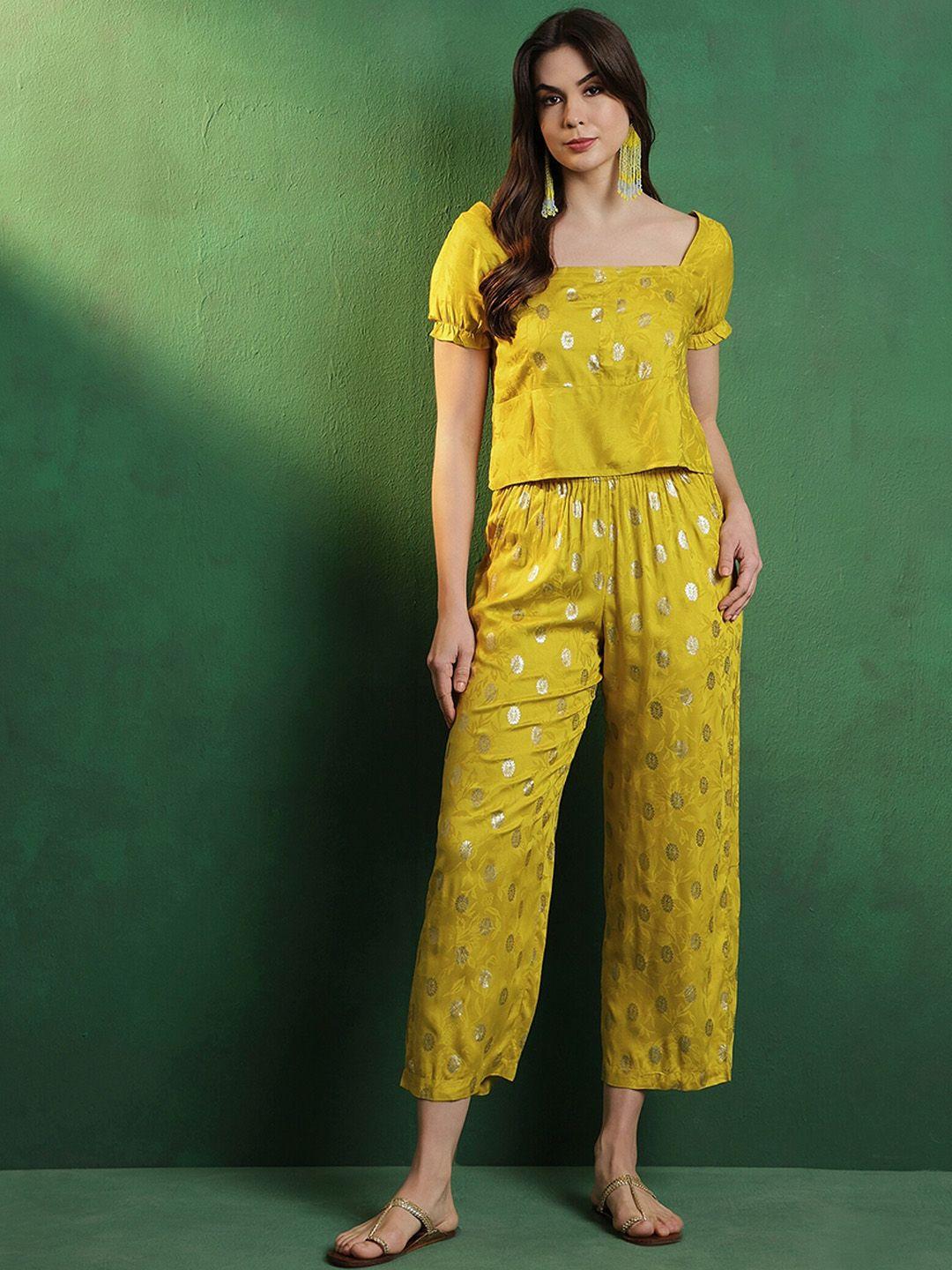 sangria mustard yellow printed square neck crop top & palazzo