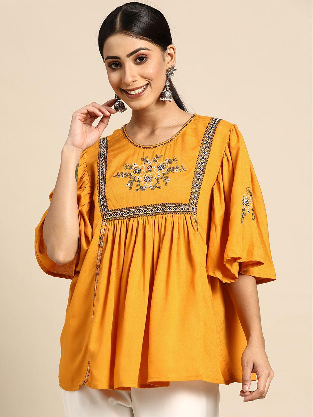 sangria mustard yellow round neck embroidered top