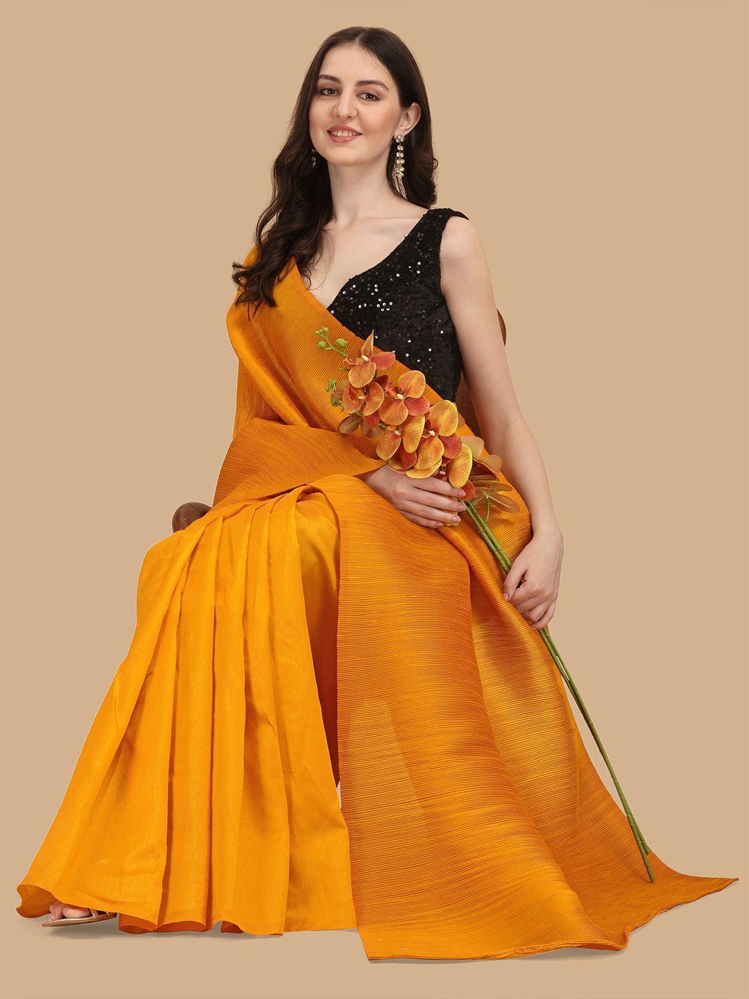 sangria mustard yellow satin crush pleated saree