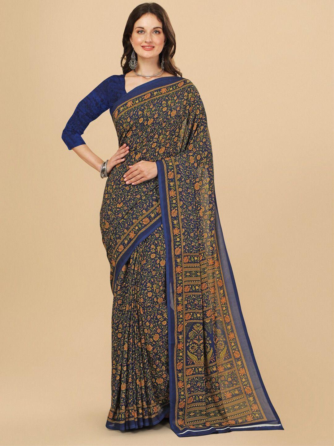 sangria navy blue & green floral pure crepe saree