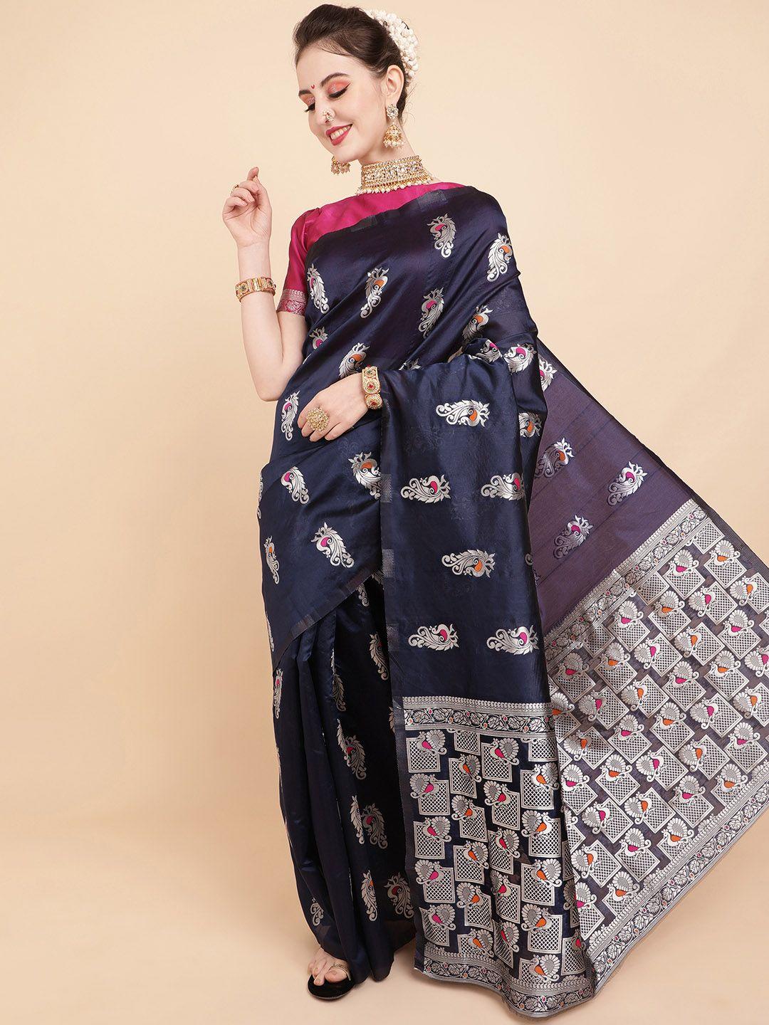 sangria navy blue & silver-toned ethnic motifs zari silk blend banarasi saree