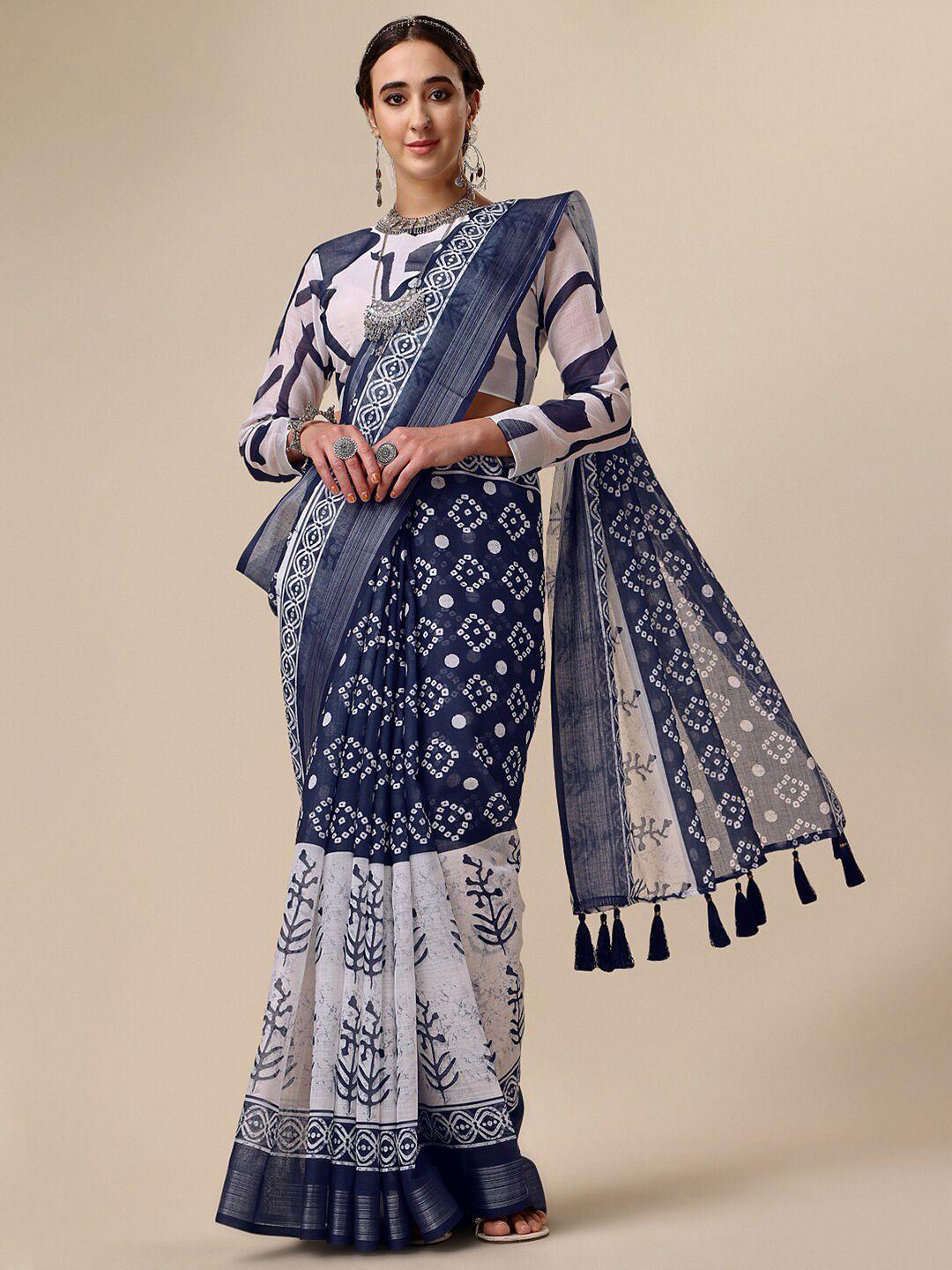 sangria navy blue & white bandhani printed pure linen saree