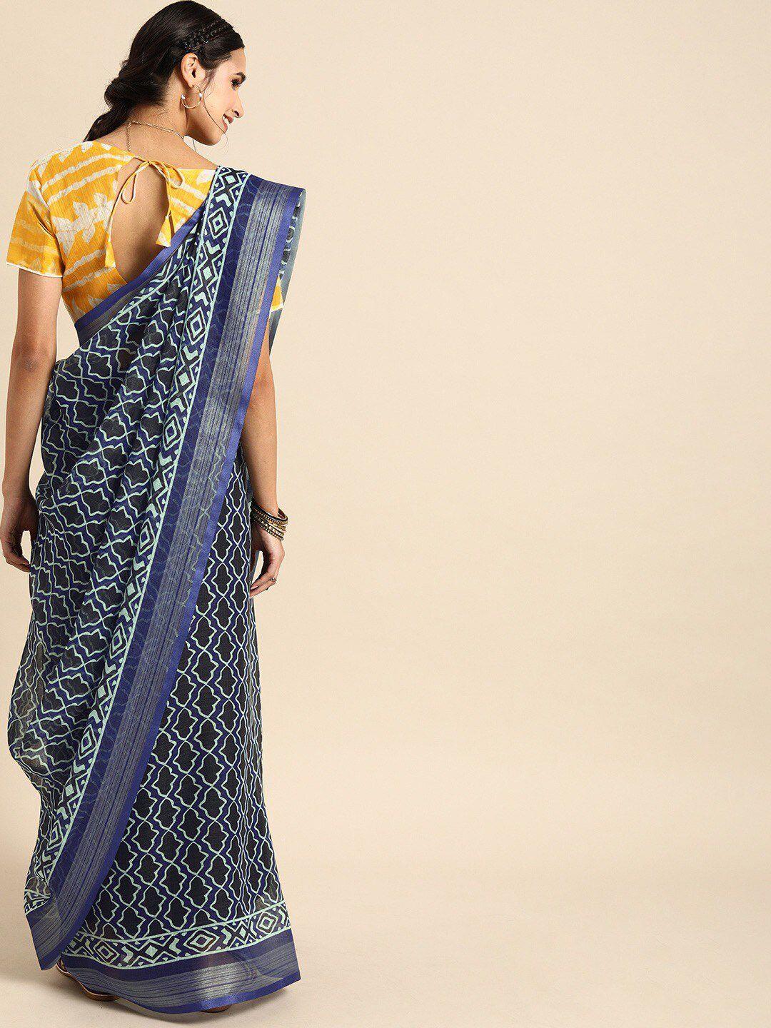 sangria navy blue & white ethnic motifs pure linen saree