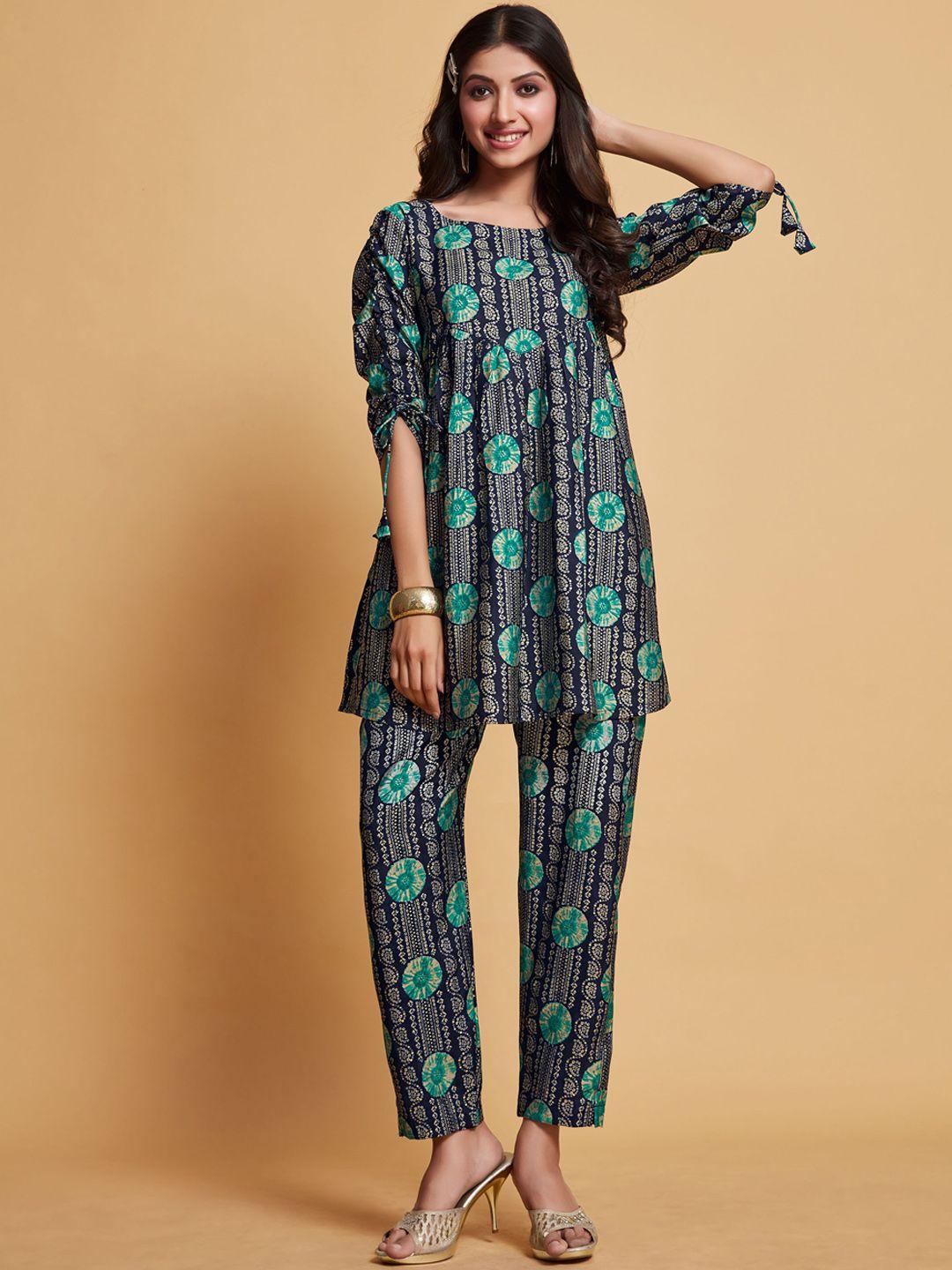 sangria navy blue ethnic motifs printed a-line kurti with trousers