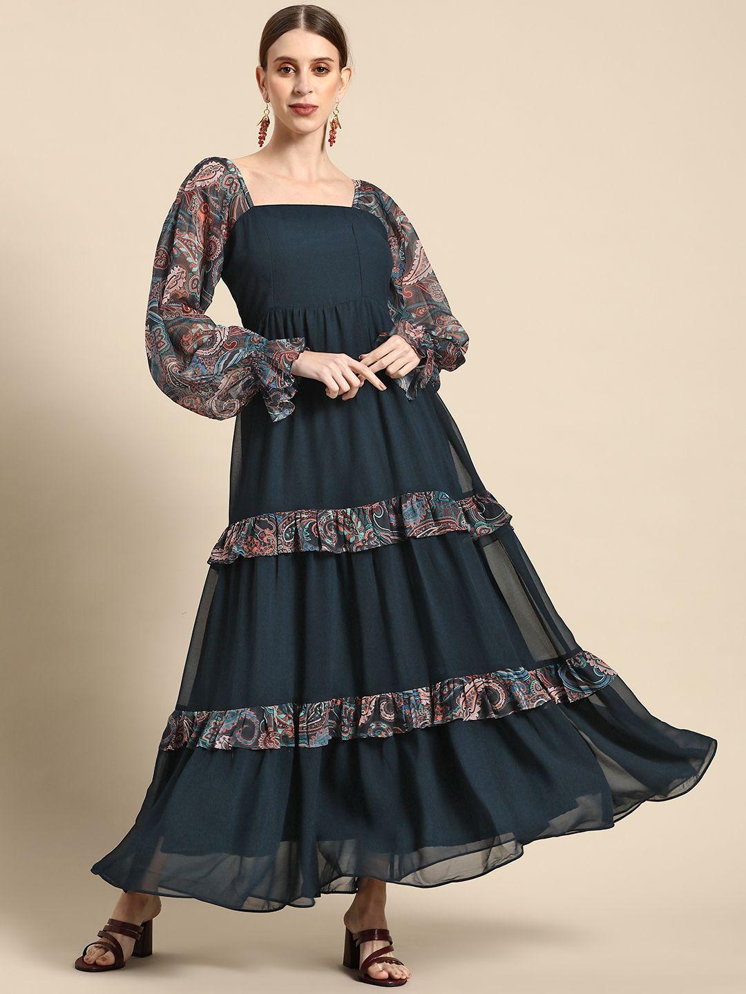 sangria navy blue ethnic motifs printed ruffle detail maxi dress