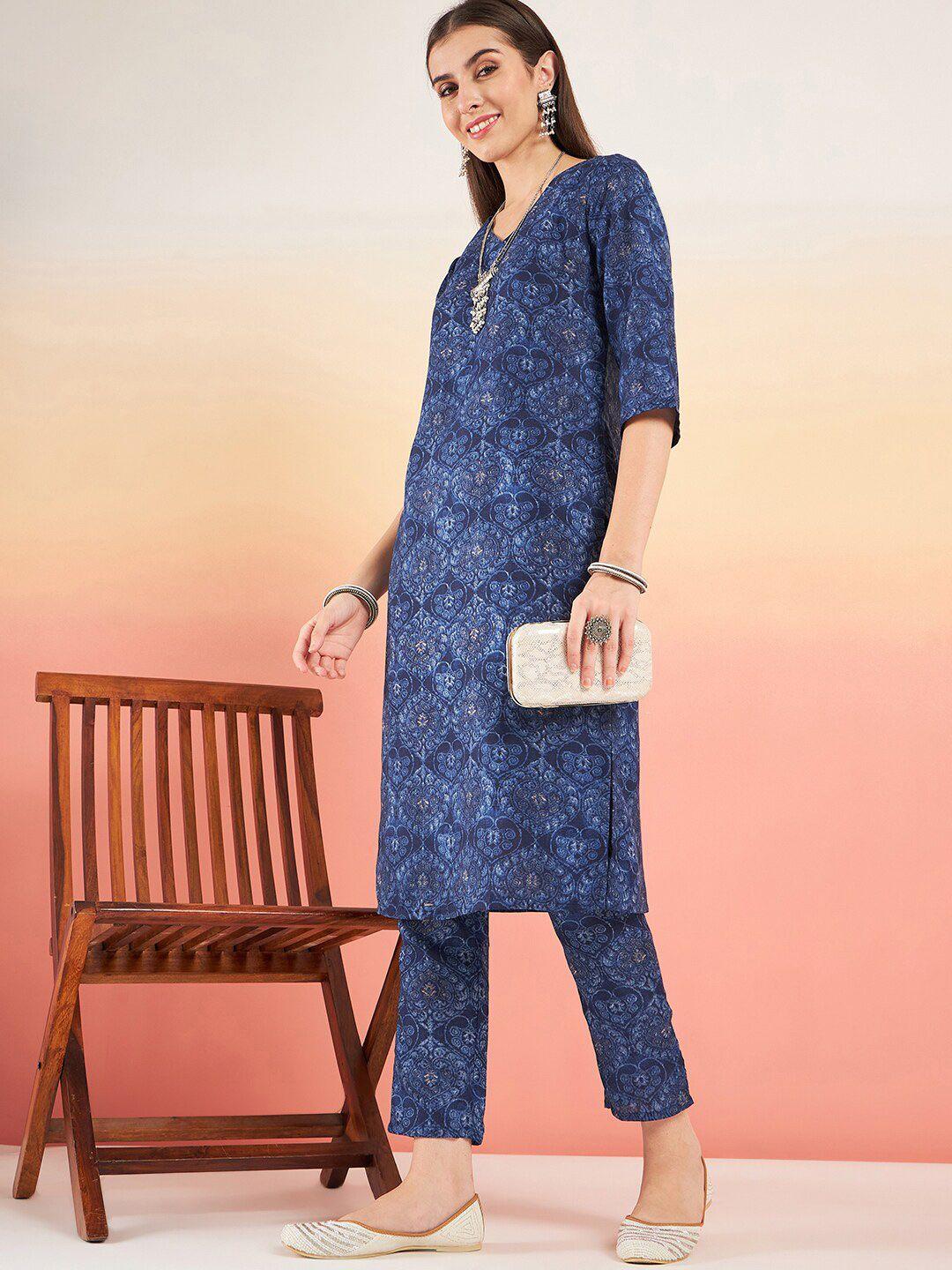 sangria navy blue ethnic motifs printed straight kurta with trouser