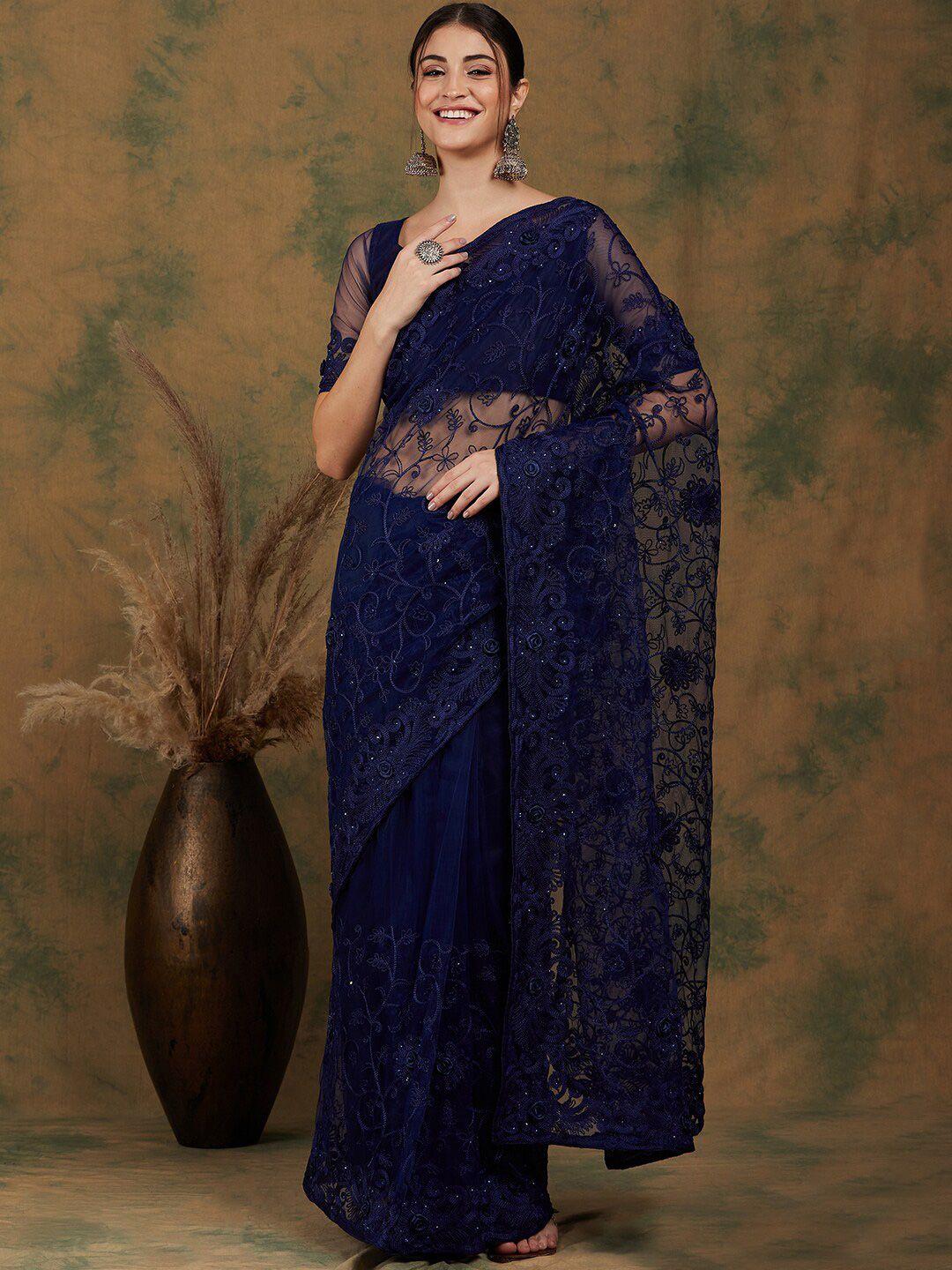 sangria navy blue floral embroidered net saree