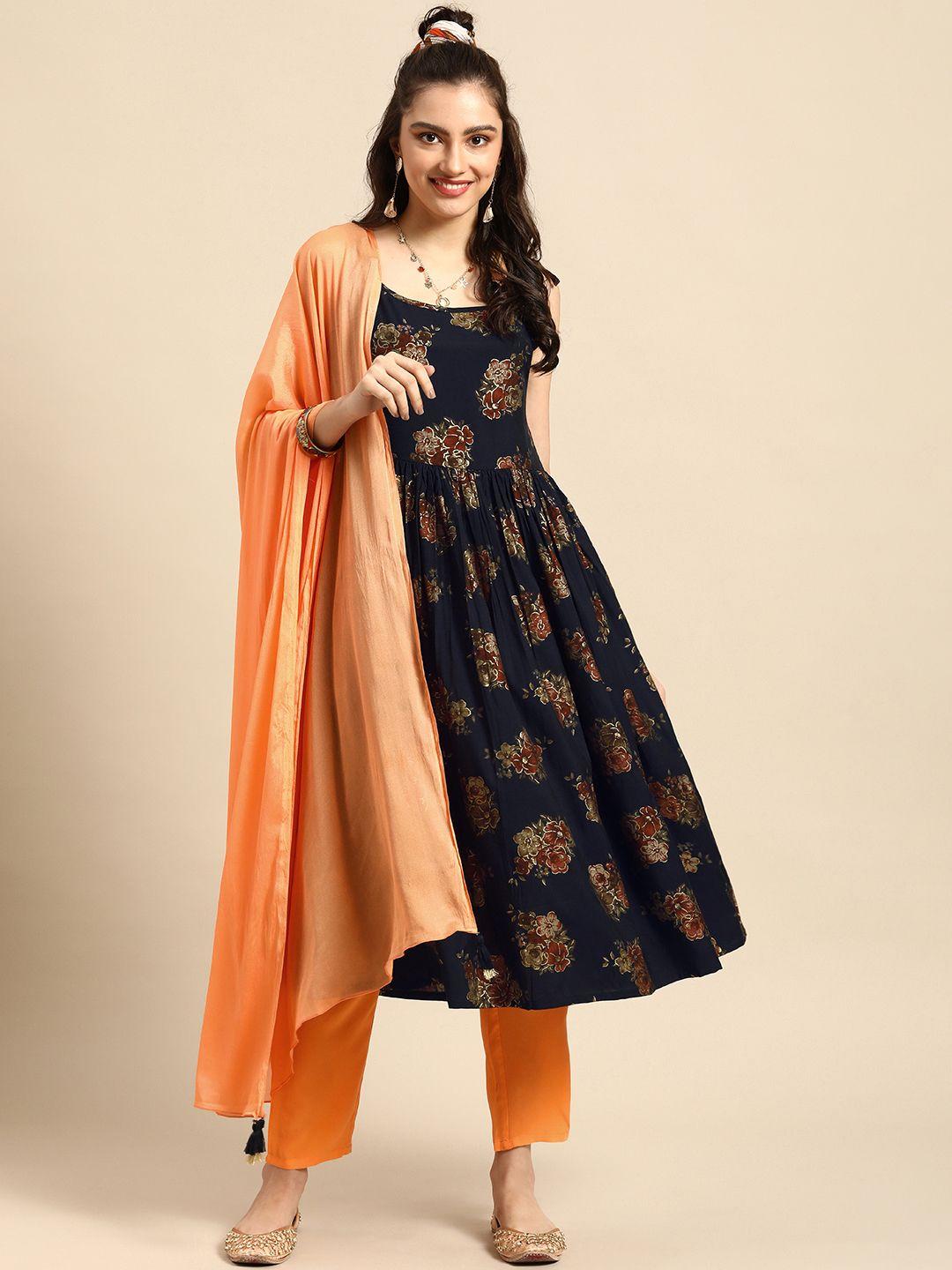 sangria navy blue floral printed kurta with trousers & dupatta