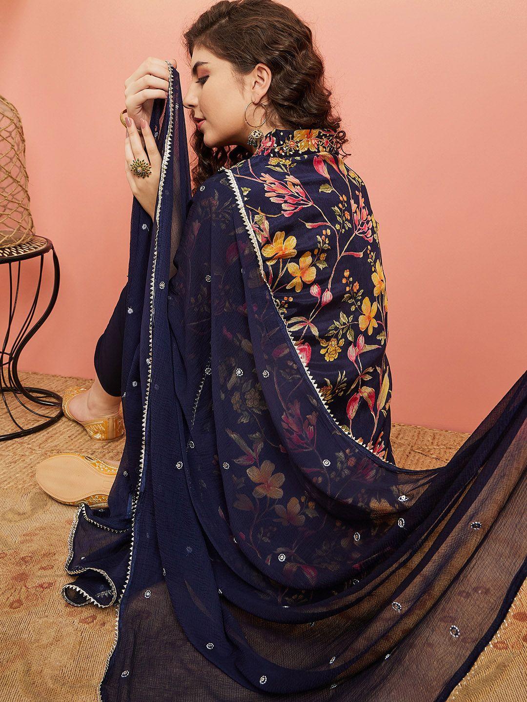 sangria navy blue floral printed mirror work straight kurta with trouser & dupatta