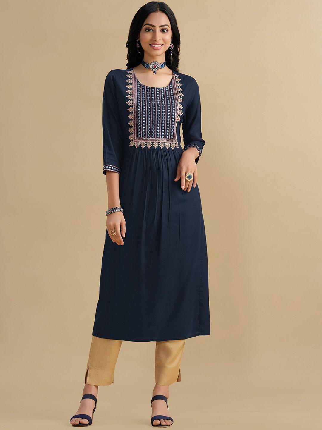 sangria navy blue geometric yoke design pleated a-line kurta