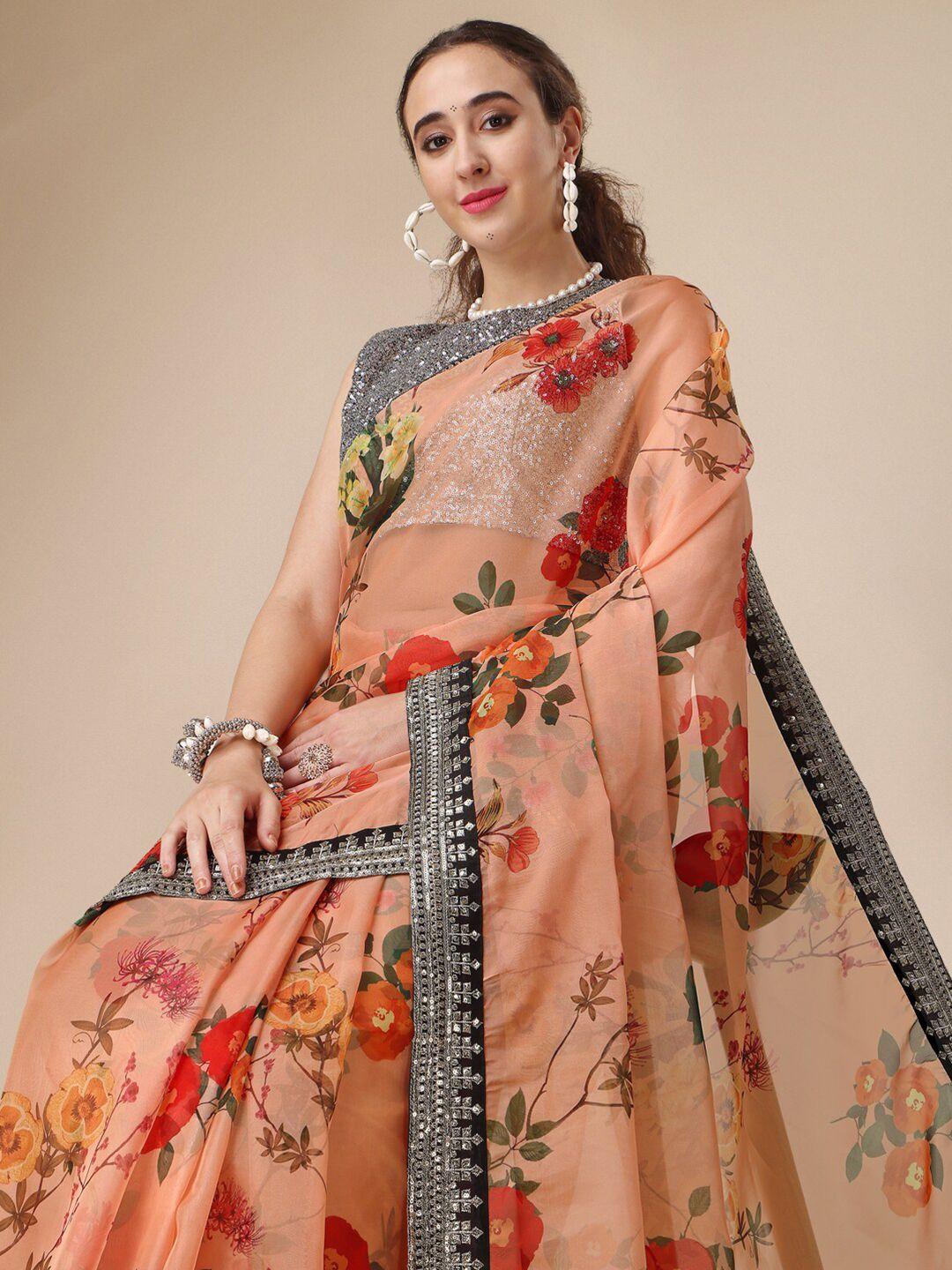 sangria nude & pink floral printed embellished organza saree