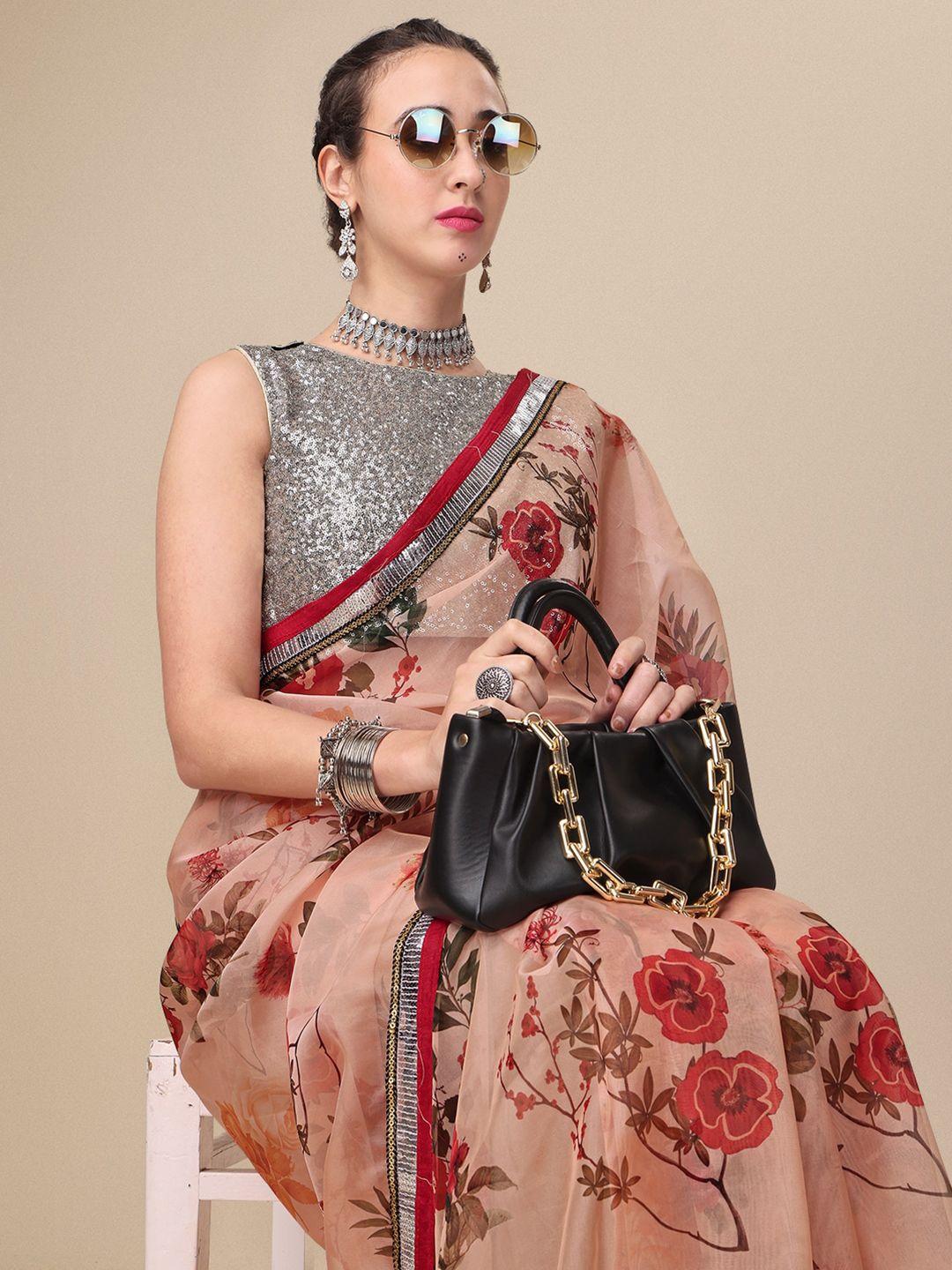 sangria nude & red floral printed organza embellished saree