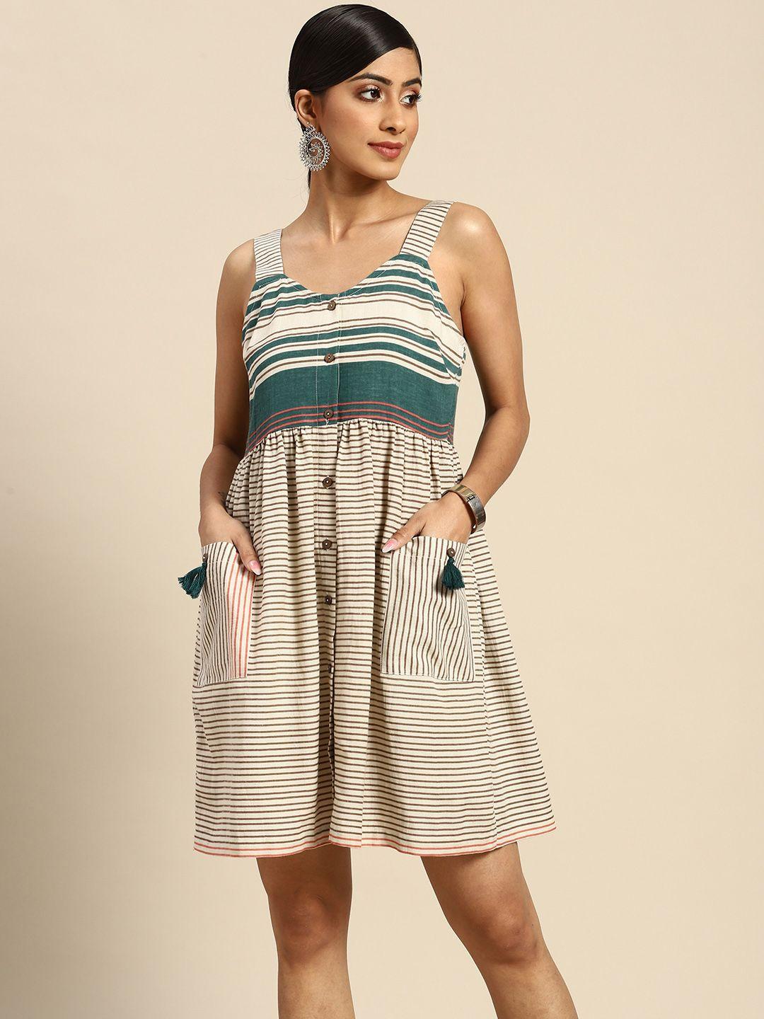 sangria off white & beige striped ethnic dress