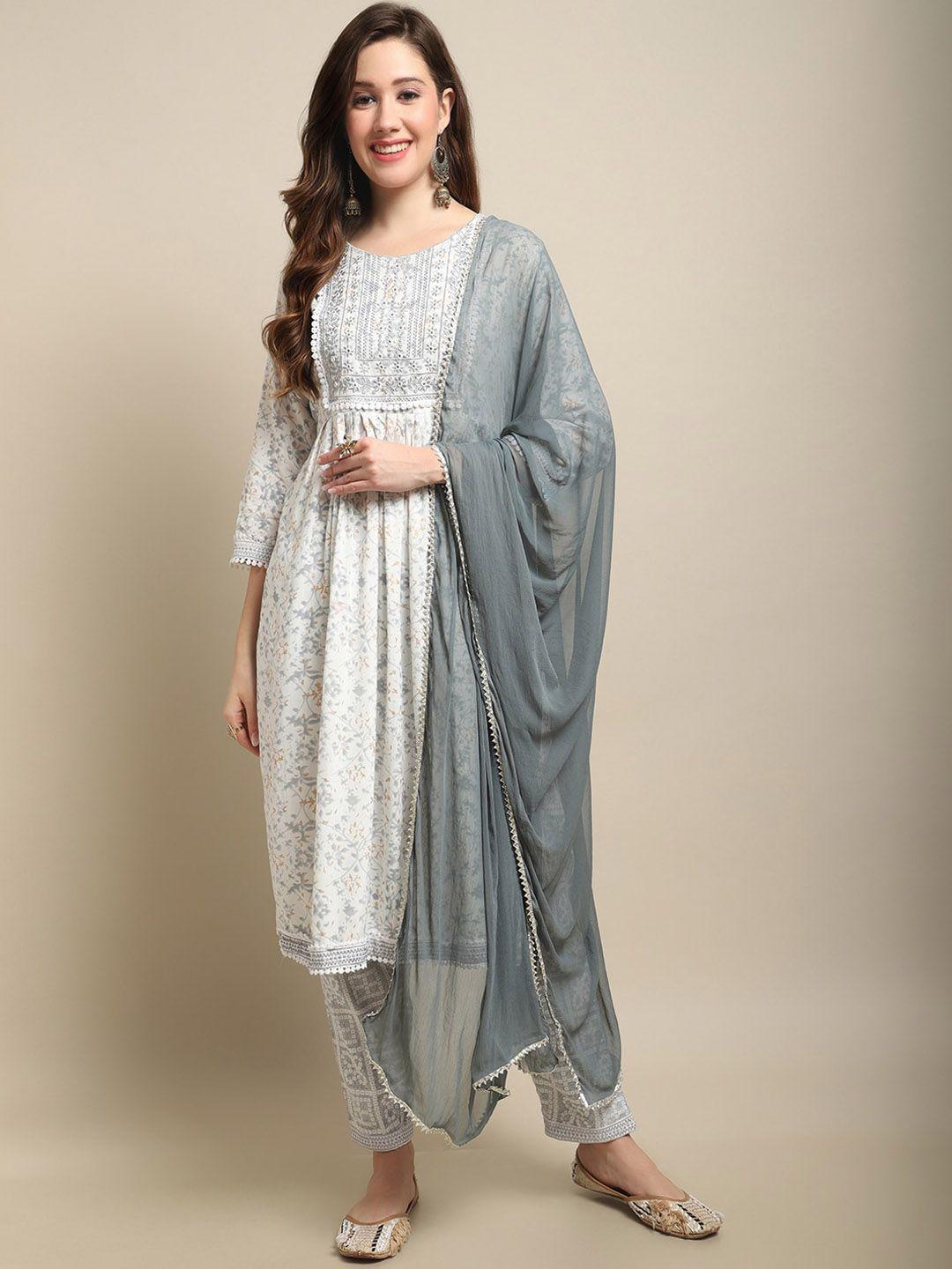 sangria off white & grey embroidered mirror work a-line kurta with trouser & dupatta