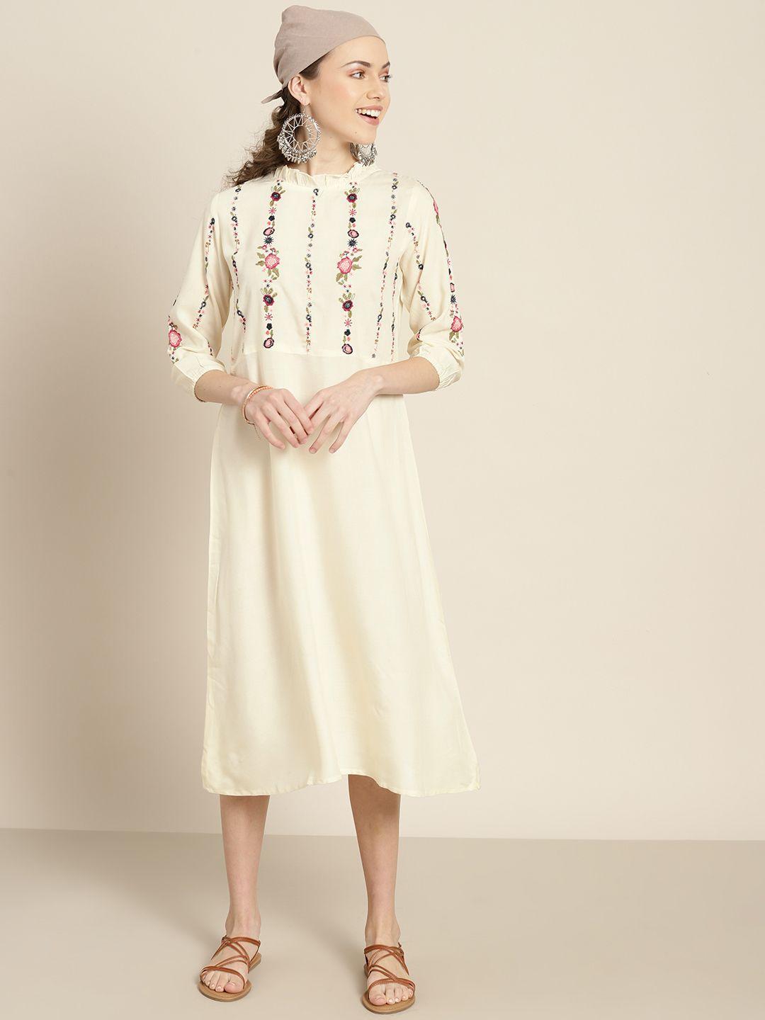 sangria off white floral embroidered a-line midi dress