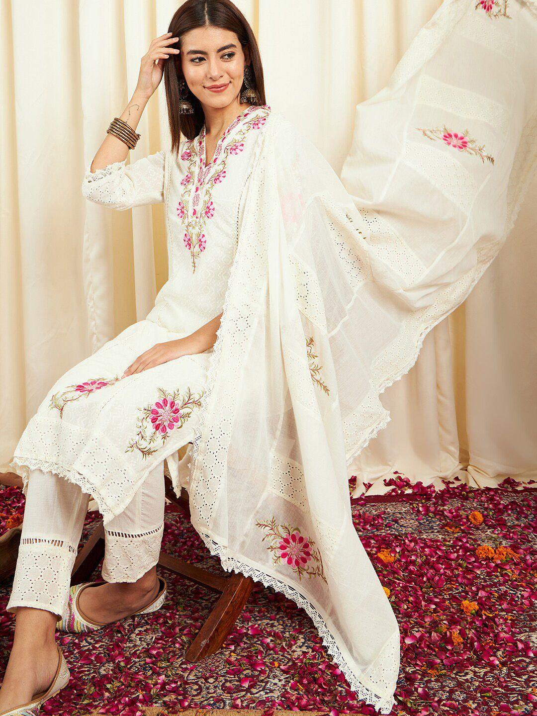 sangria off white floral embroidered v-neck pure cotton straight kurta set