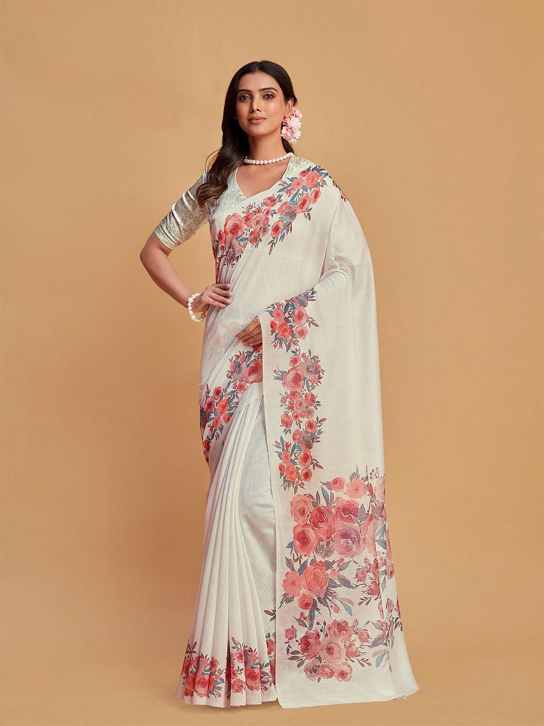 sangria off white floral printed satin saree