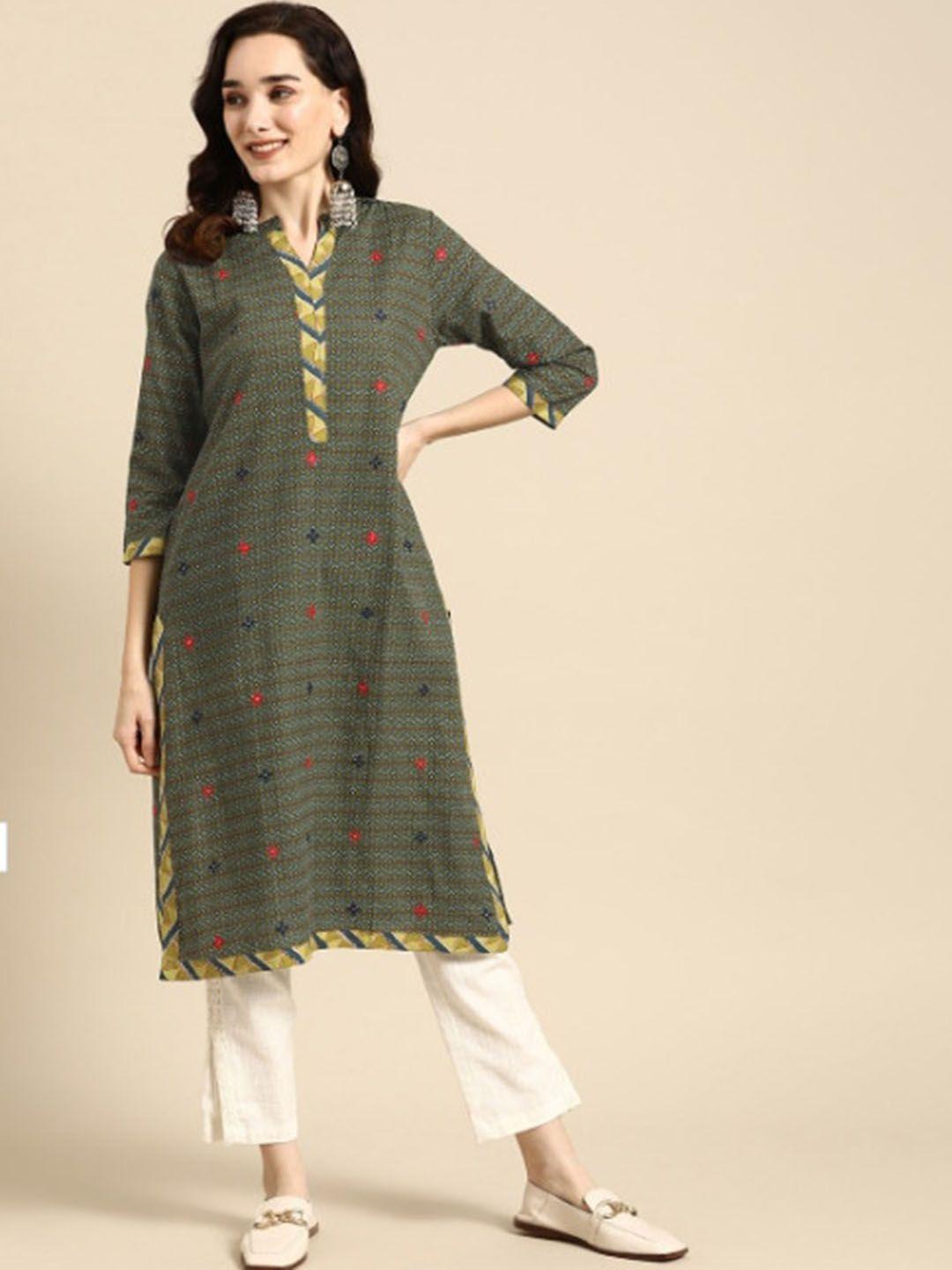 sangria olive ethnic motifs printed mirror work kurta