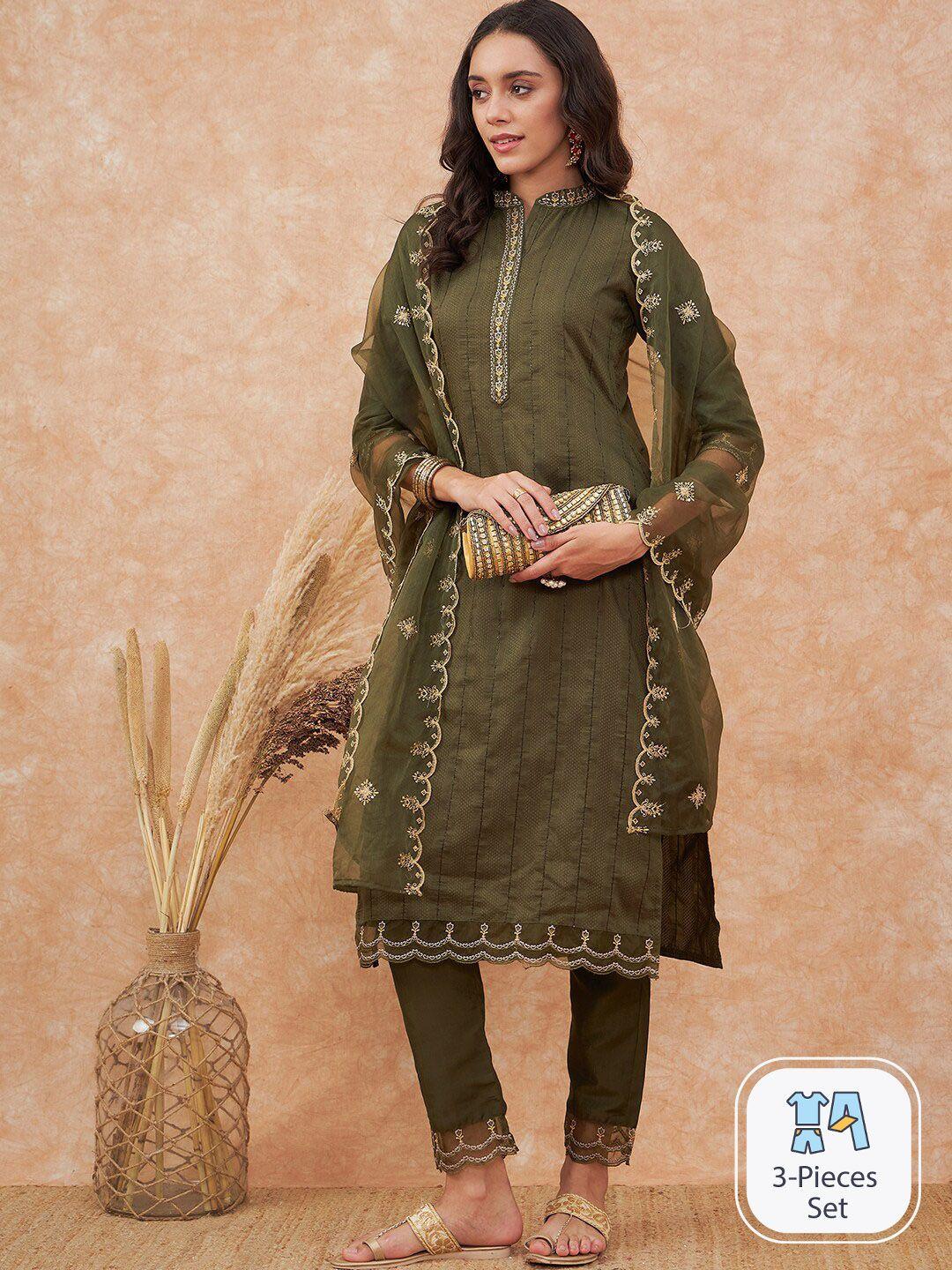 sangria olive floral embroidered silk straight kurta with trouser & dupatta set