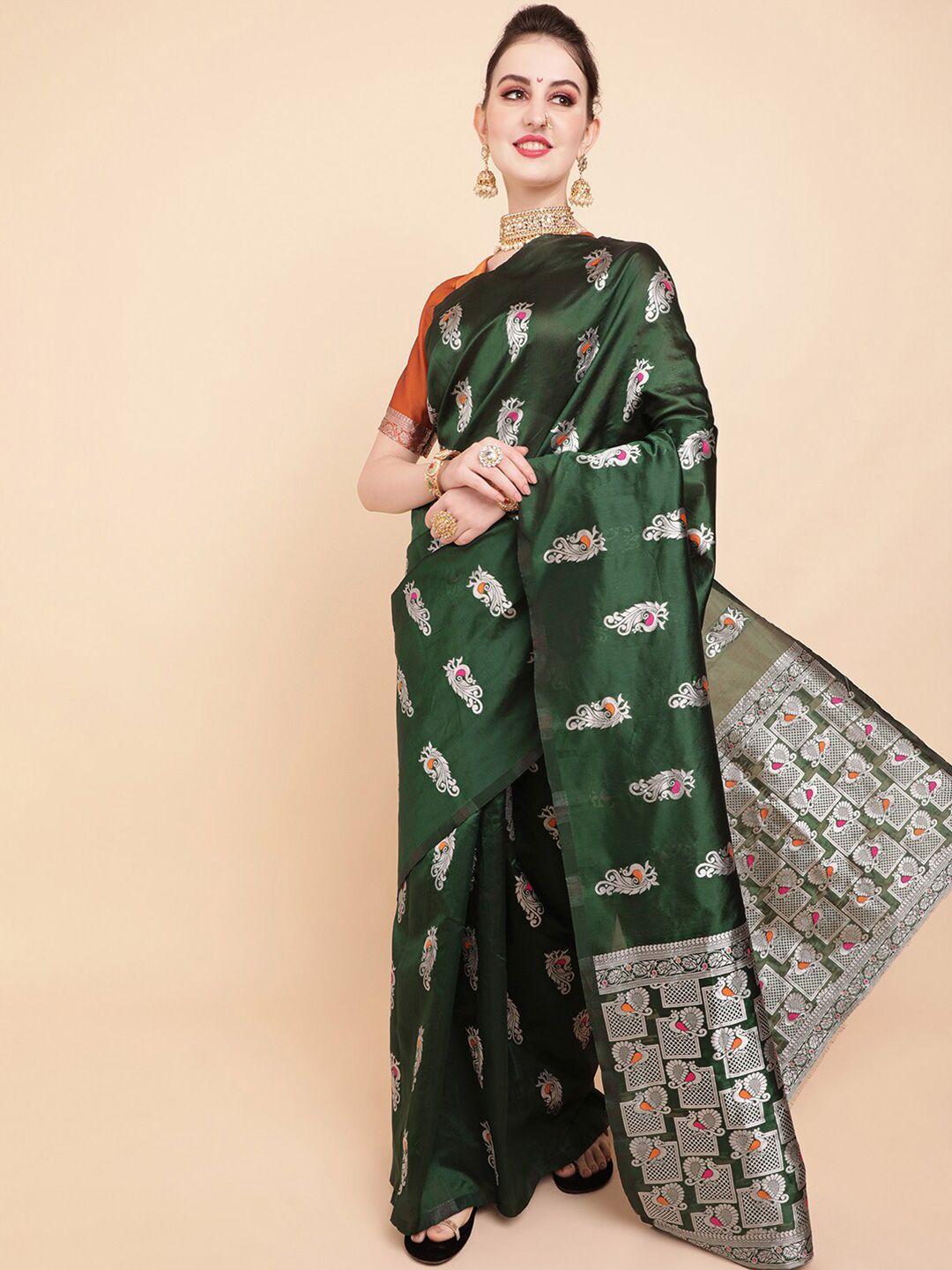 sangria olive green & silver-toned paisley silk blend banarasi saree